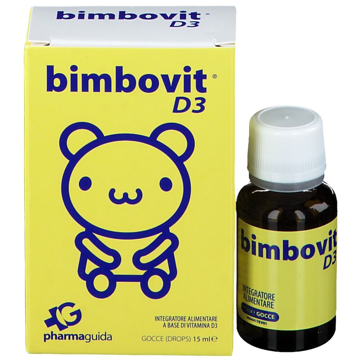 Gelbe Schachtel und Flasche "bimbovit D3". Flasche mit Tropfer. Aufdrucke: "Integratore alimentare a base di vitamina D3".