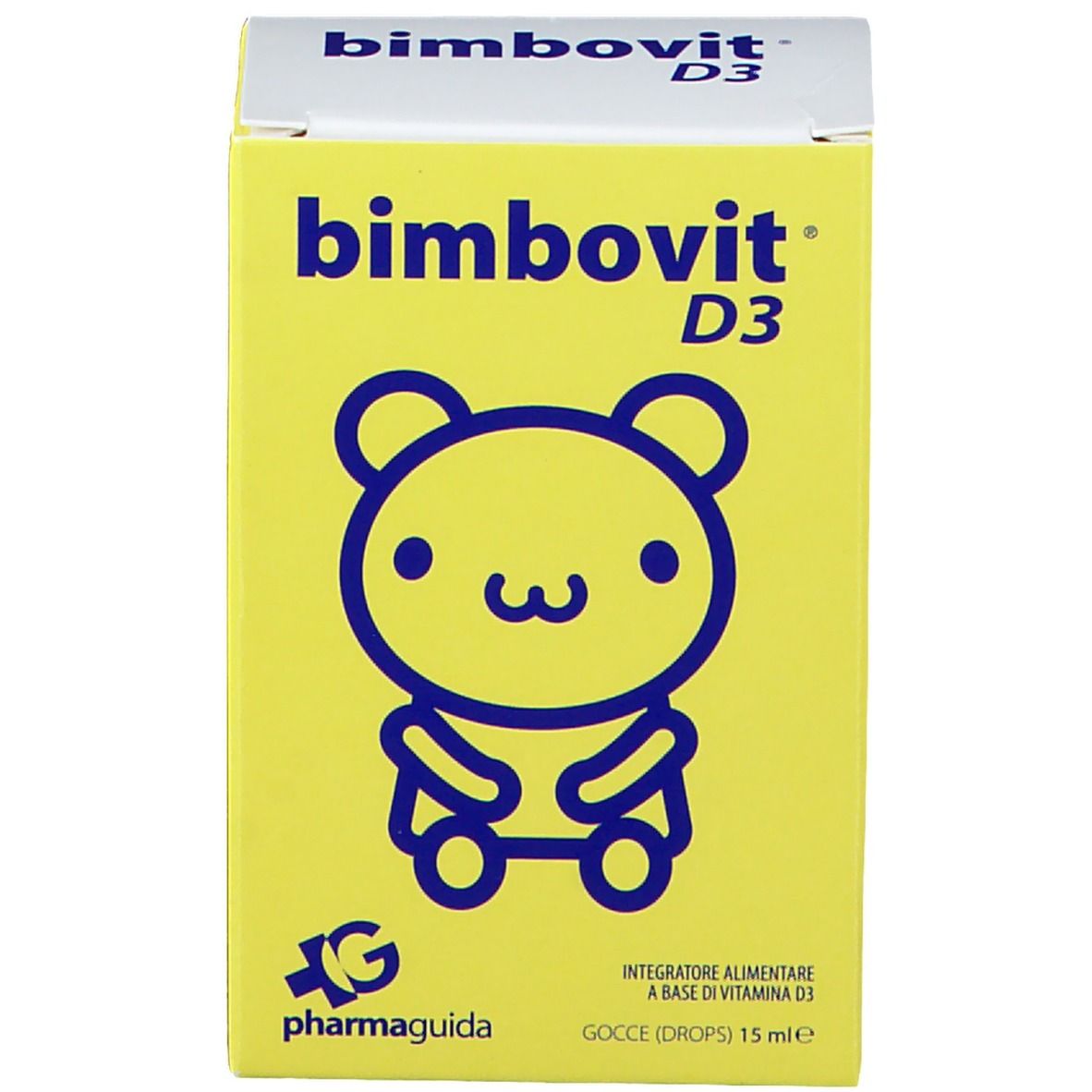 Gelbe Schachtel "bimbovit D3" mit Bären-Design. Aufdrucke: "Integratore alimentare a base di vitamina D3", "Gocce (drops) 15 ml".
