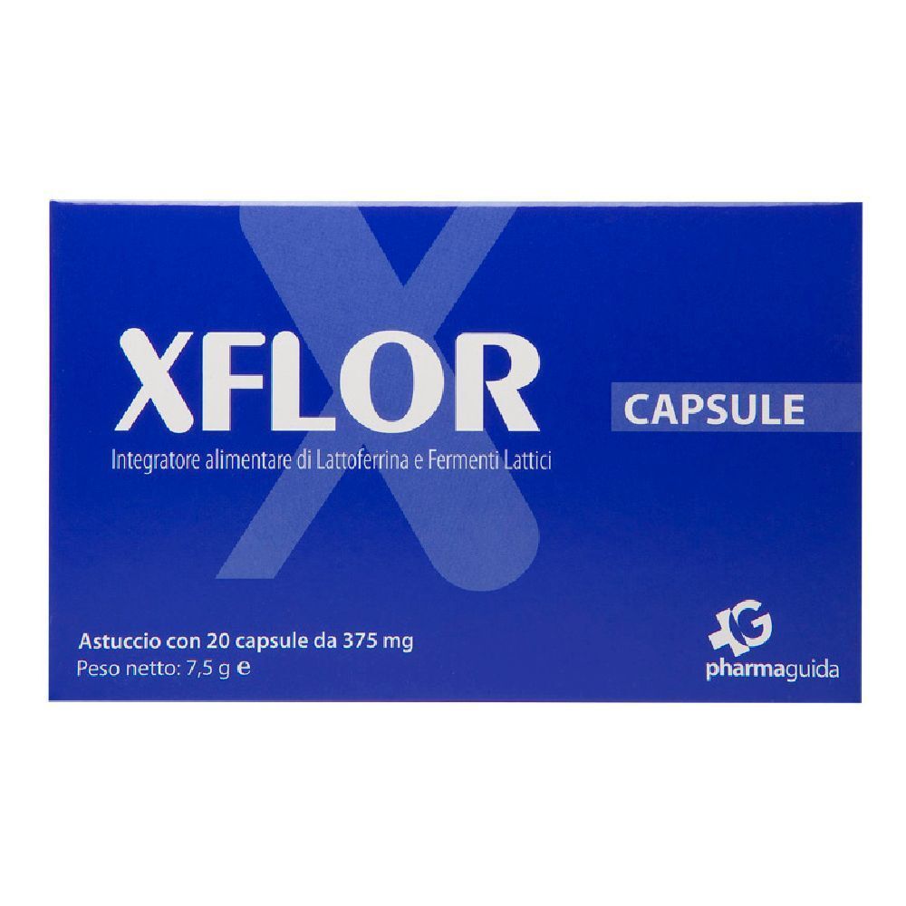 Blau verpackte XFLOR CAPSULE. Aufschrift: Integratore alimentare di Lattoferrina e Fermenti Lattici. Enthält 20 Kapseln.