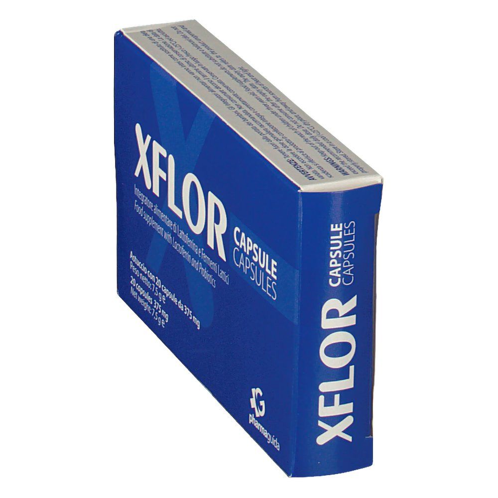 Blaue XFLOR CAPSULE-Verpackung, schräg. Aufschrift: Integratore alimentare di Lattoferrina e Fermenti Lattici. Enthält 20 Kapseln.
