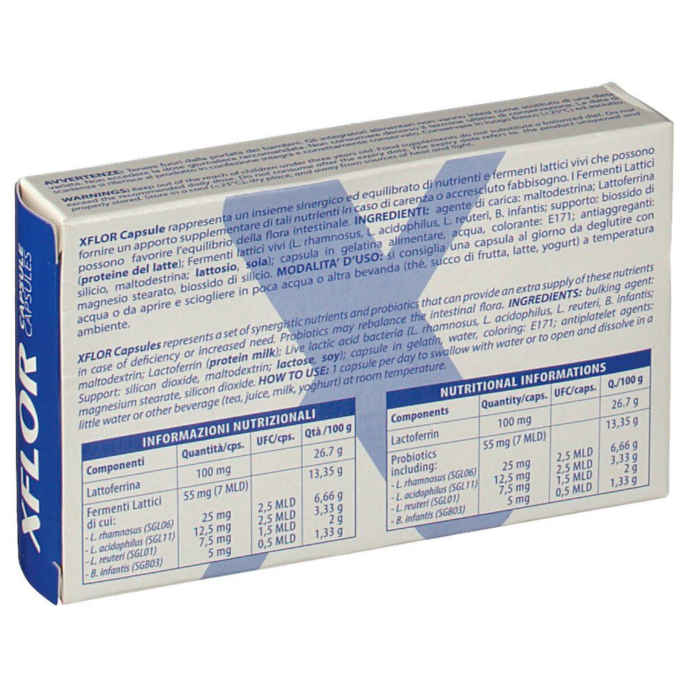 Rückseite der XFLOR CAPSULE-Verpackung. Enthält Informationen zu Inhaltsstoffen und Nährwerten. Text in italienischer Sprache.