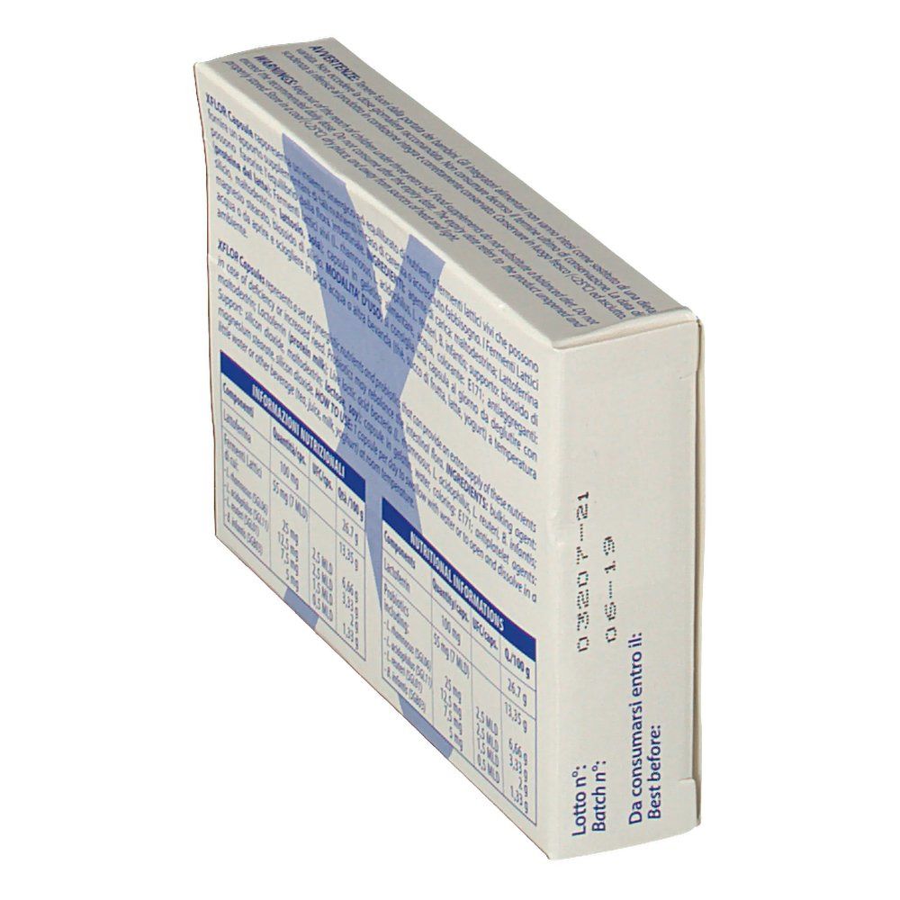 Schräge Ansicht der XFLOR CAPSULE-Verpackung. Enthält Informationen zu Inhaltsstoffen und Nährwerten. Text in italienischer Sprache.