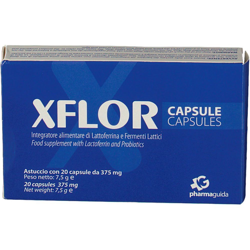 XFLOR CAPSULE-Verpackung. Aufschrift: Integratore alimentare di Lattoferrina e Fermenti Lattici. Enthält 20 Kapseln.