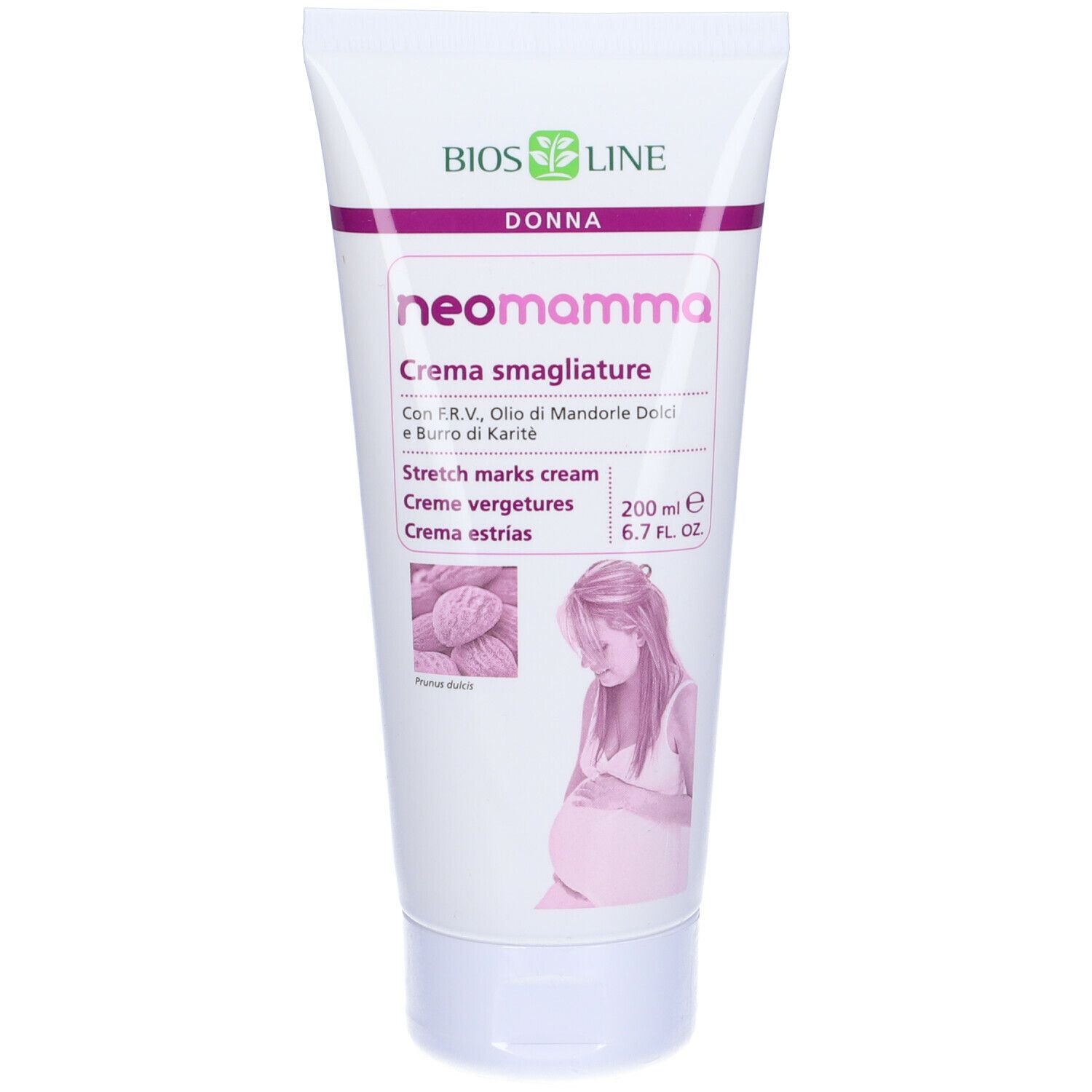 Tube de crème NeoMamma. Inscriptions en italien et anglais. Illustration d'une femme enceinte. Marque BIOSLINE.