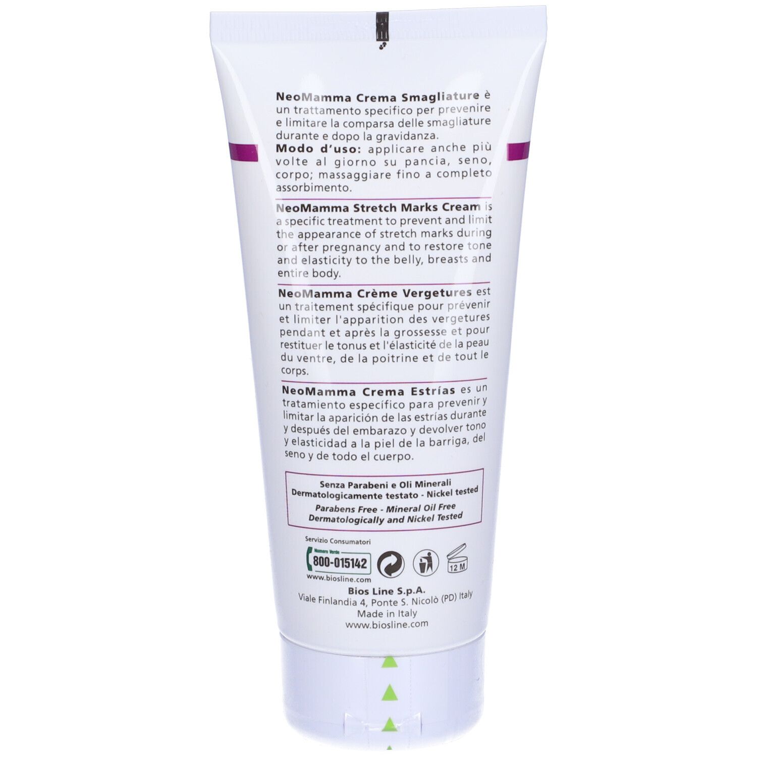 Dos du tube de crème. Texte en italien, anglais et français. Informations sur l'utilisation et les ingrédients.