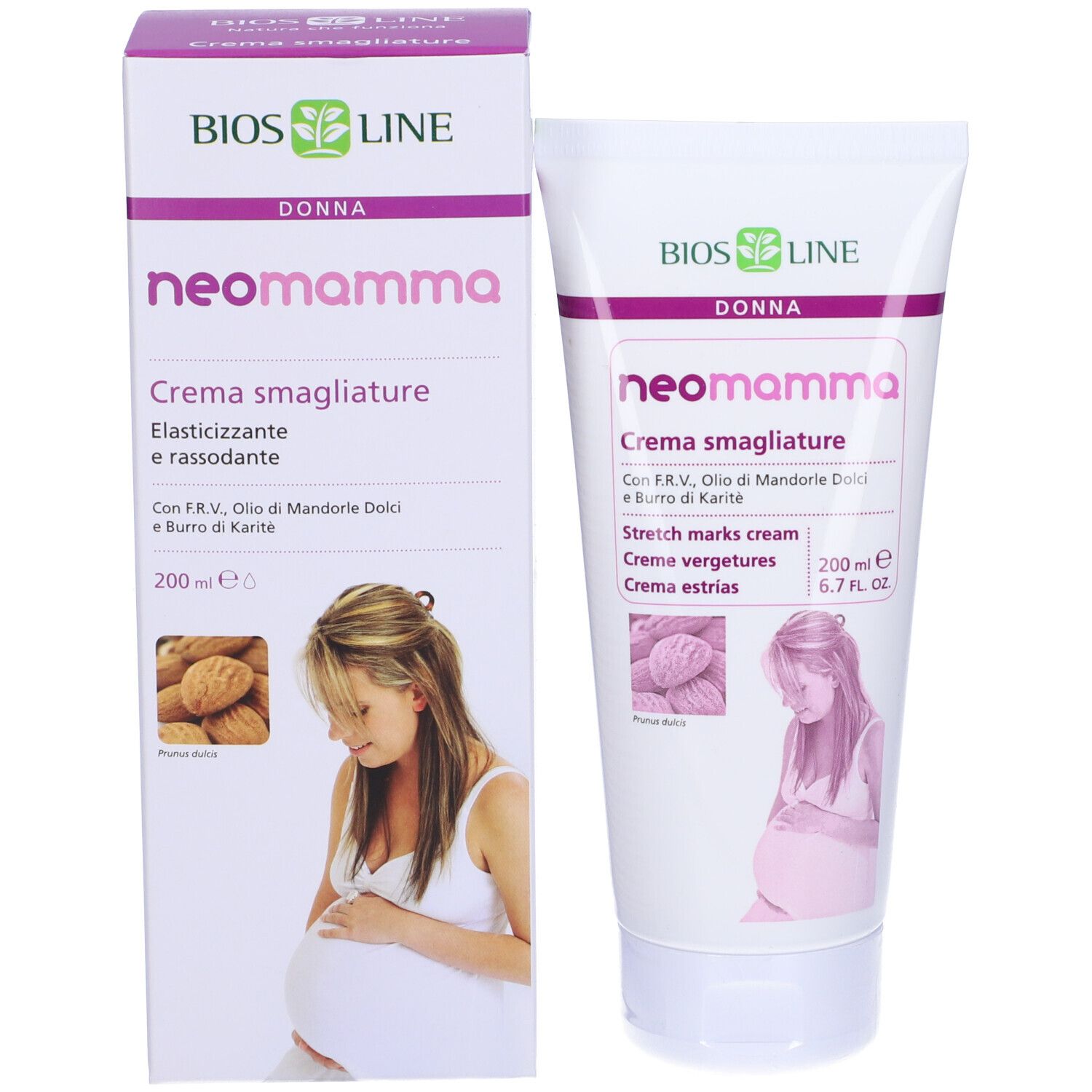 Emballage et tube du produit. Emballage avec nom et illustration du produit. Marque BIOSLINE, nom du produit NeoMamma.