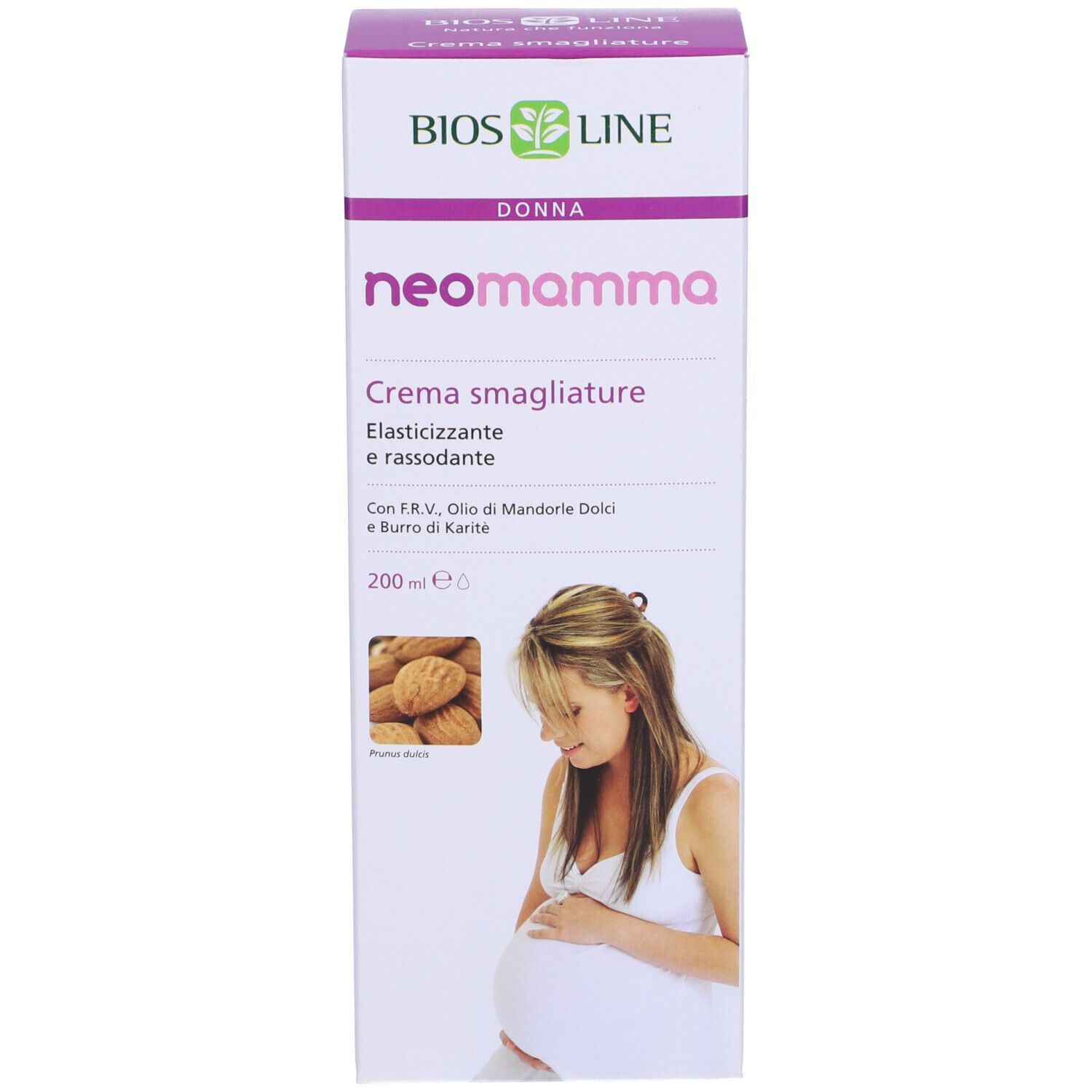 Emballage du produit. Nom et illustration du produit. Marque BIOSLINE, nom du produit NeoMamma. Texte en italien.
