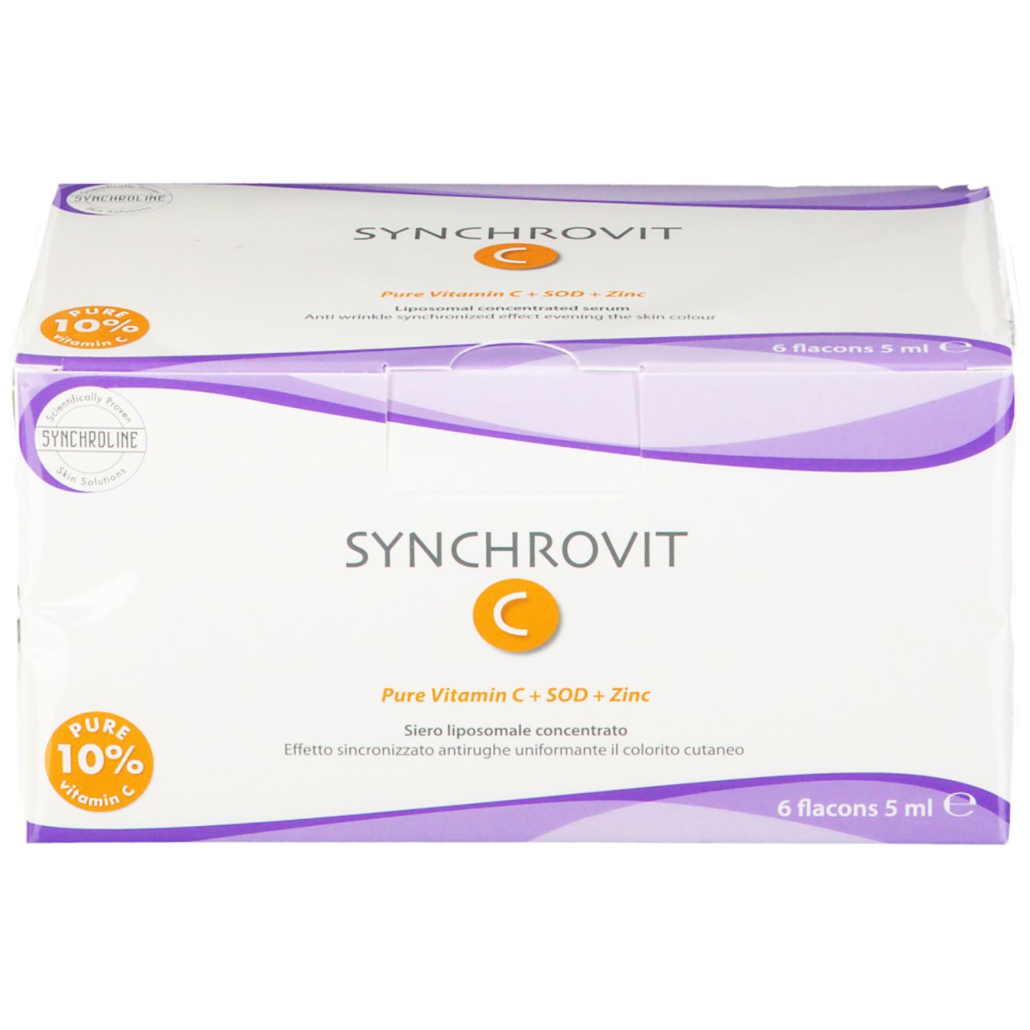 Boîte de SYNCHROVIT C. Contient 6 flacons. Inscription : Pure Vitamin C + SOD + Zinc. Avec 10% de vitamine C.