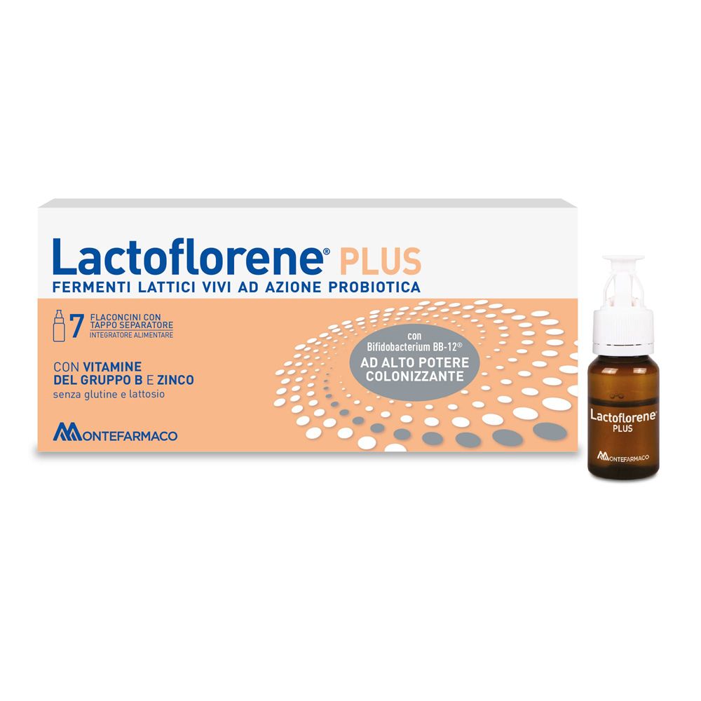 Lactoflorene® PLUS. Packung mit Fläschchen und separatem Verschluss. Enthält lebende Milchsäurebakterien, Zink und Vitamin B.
