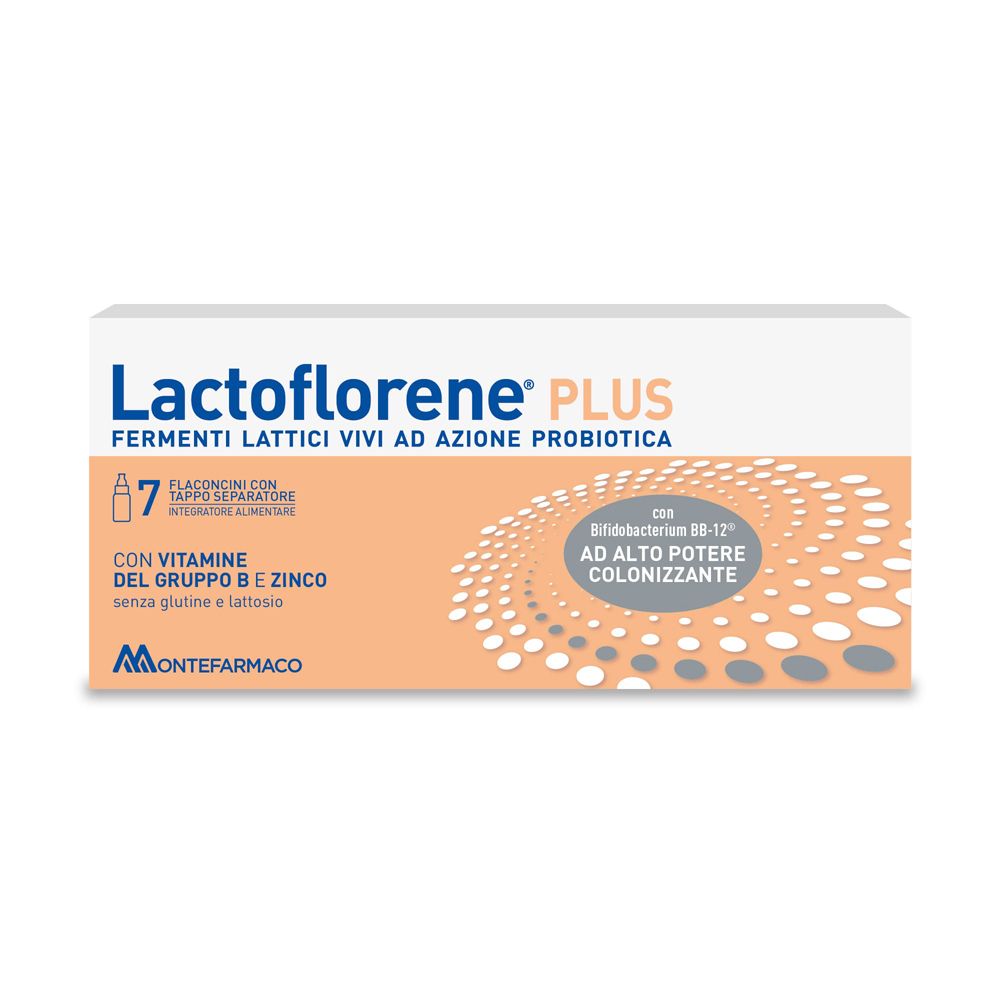 Lactoflorene® PLUS. Packung mit 7 Fläschchen. Enthält lebende Milchsäurebakterien, Zink und Vitamin B. Ohne Gluten und Laktose.