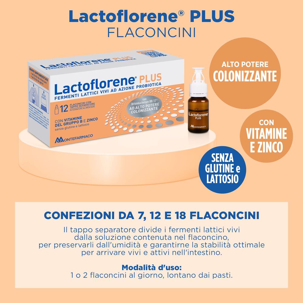 Lactoflorene® PLUS. Packung mit Fläschchen. Enthält lebende Milchsäurebakterien, Zink und Vitamin B. Ohne Gluten und Laktose.
