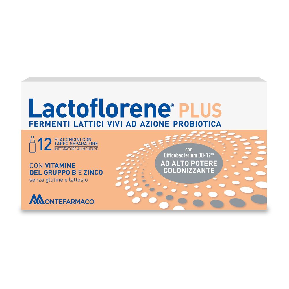 Packung Lactoflorene® Plus. Enthält 12 Fläschchen mit lebenden Milchsäurebakterien, Vitamin B und Zink. Marke Montefarmaco.