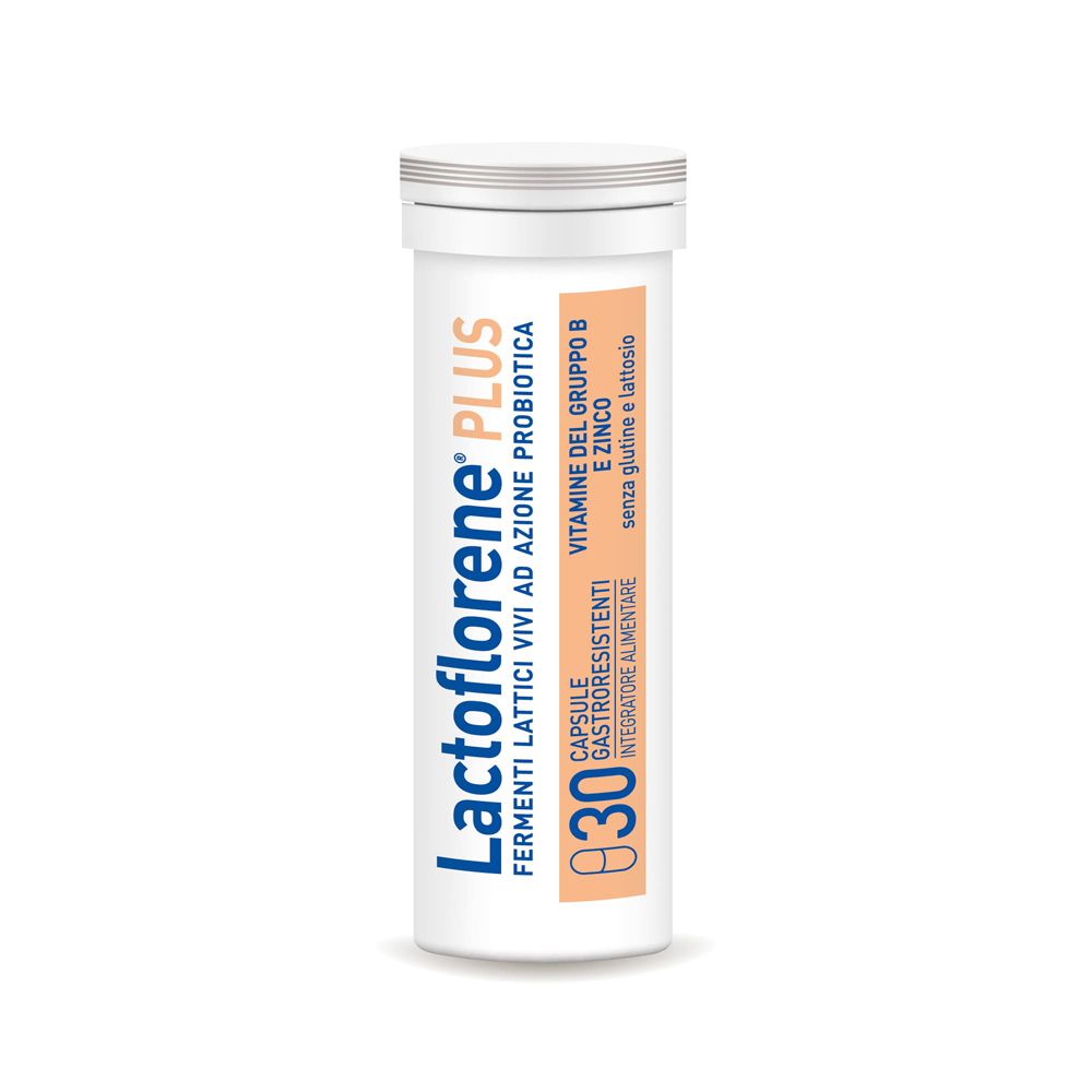 Weiße Tube mit Lactoflorene® PLUS. Aufschrift: Fermenti lattici vivi ad azione probiotica. 30 Kapseln. Orangefarbener Streifen.