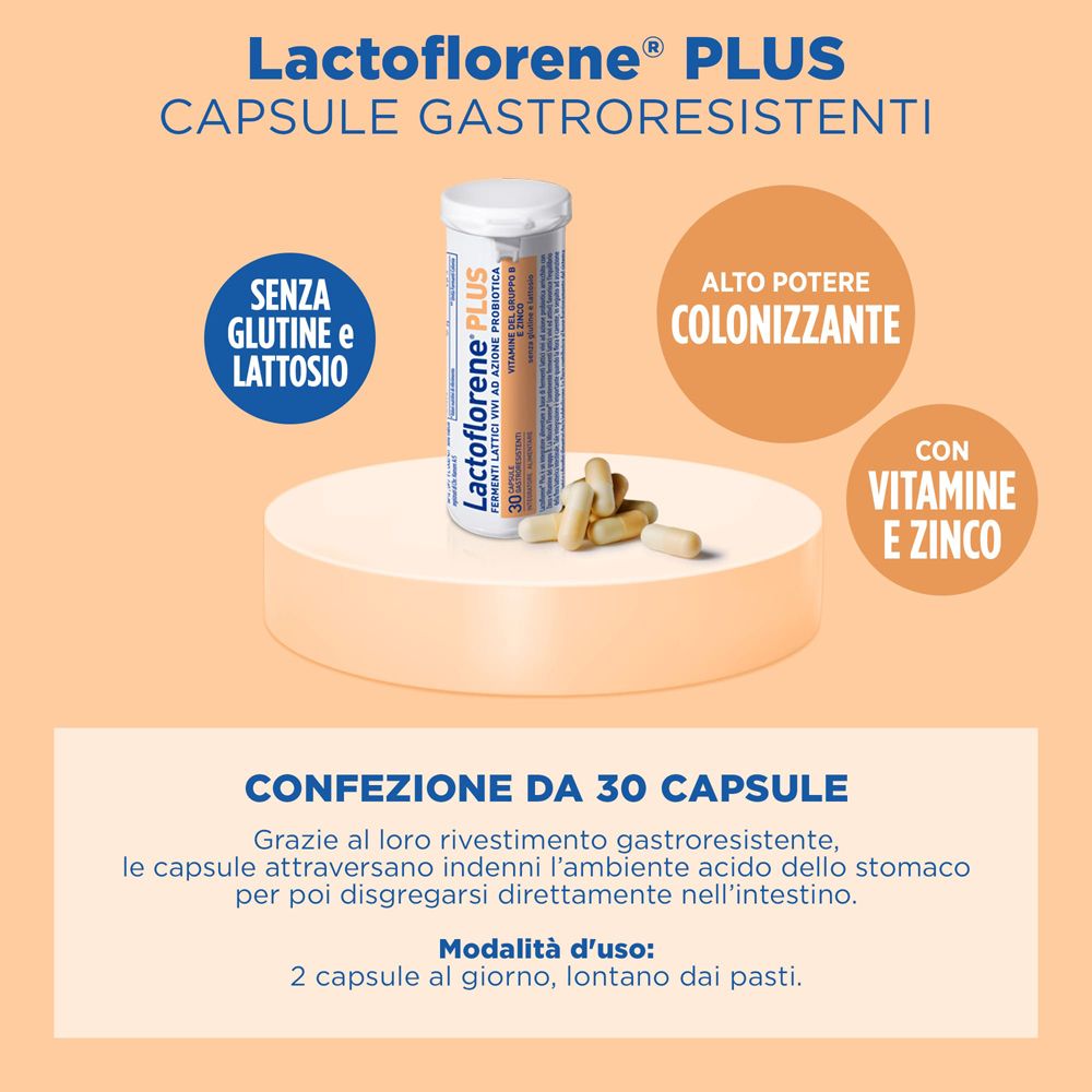 Lactoflorene® PLUS-Packung mit Kapseln. Text: Ohne Gluten und Laktose. 30 Kapseln. Mit Vitaminen und Zink.