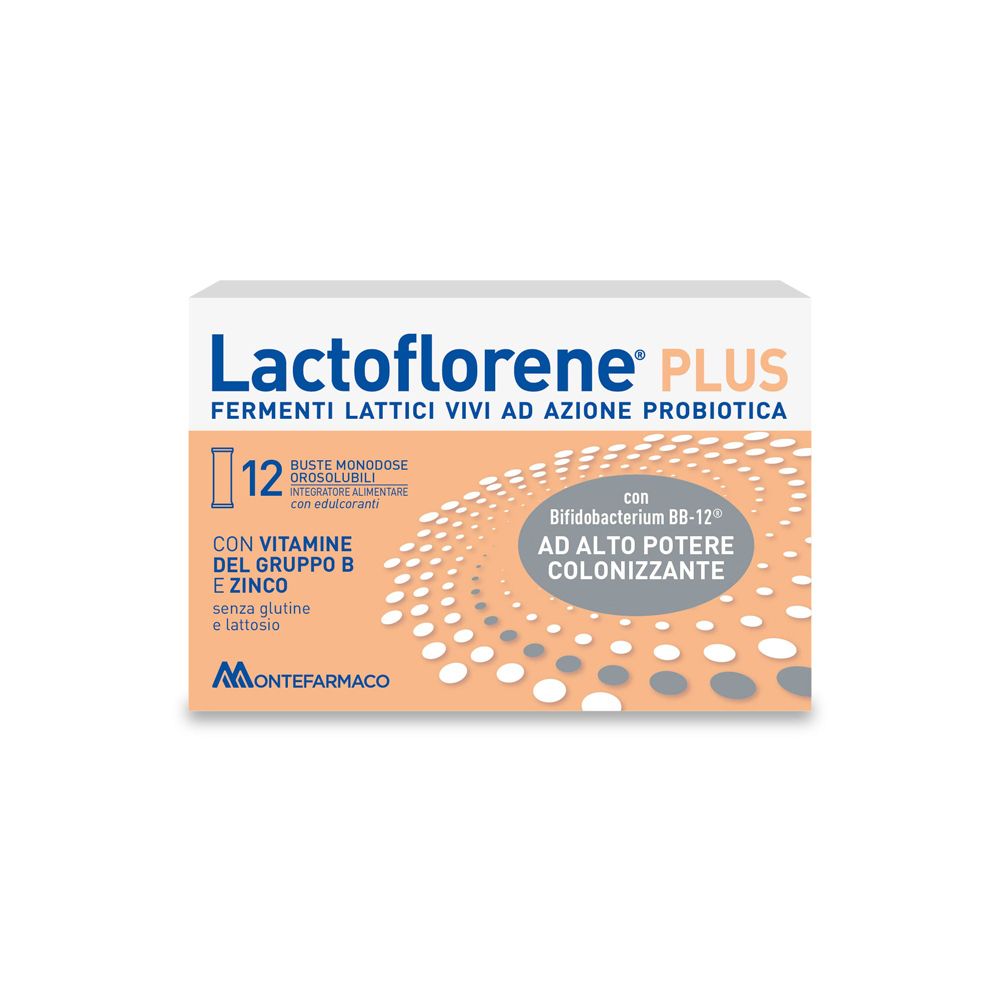 Schachtel mit Lactoflorene® PLUS. 12 Beutel, probiotische Wirkung. Enthält Vitamin B, Zink, gluten- und laktosefrei.