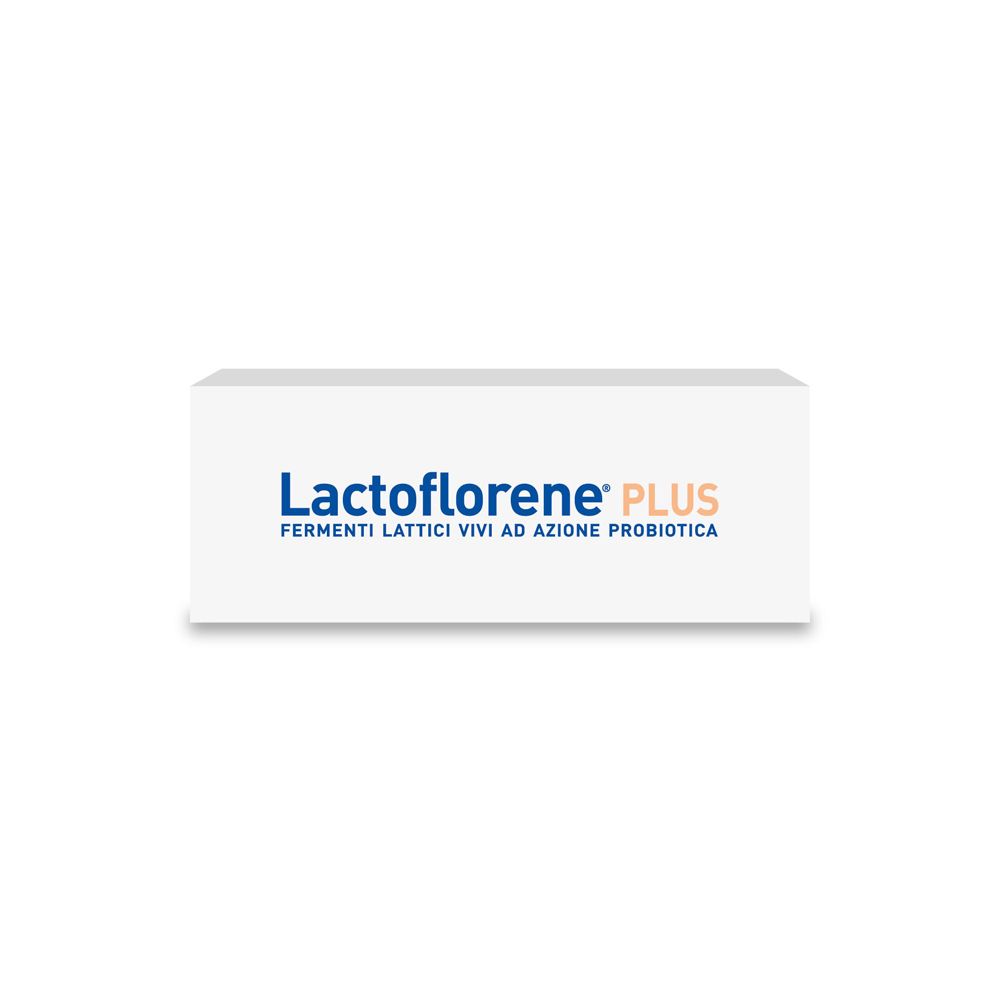 Lactoflorene® PLUS-Verpackung. Probiotische Wirkung. Enthält lebende Milchsäurebakterien. Ohne Wasser einnehmen.