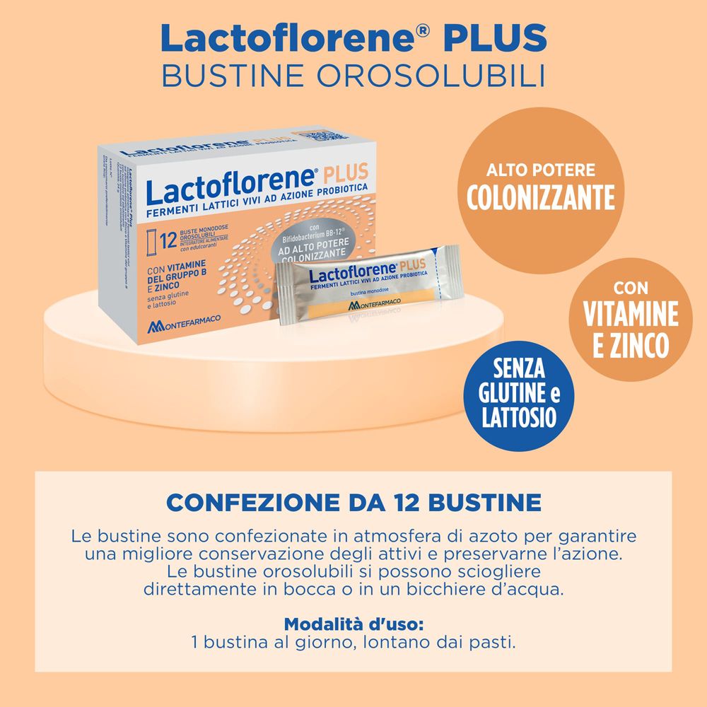 Lactoflorene® PLUS-Schachtel. 12 Beutel, probiotische Wirkung. Enthält Vitamin B, Zink, gluten- und laktosefrei.