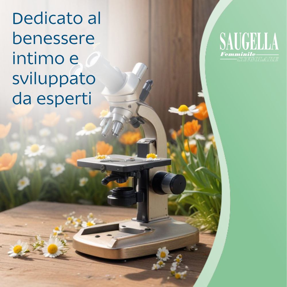Microscope avec fleurs. Texte : Saugella. Dédié au bien-être intime.