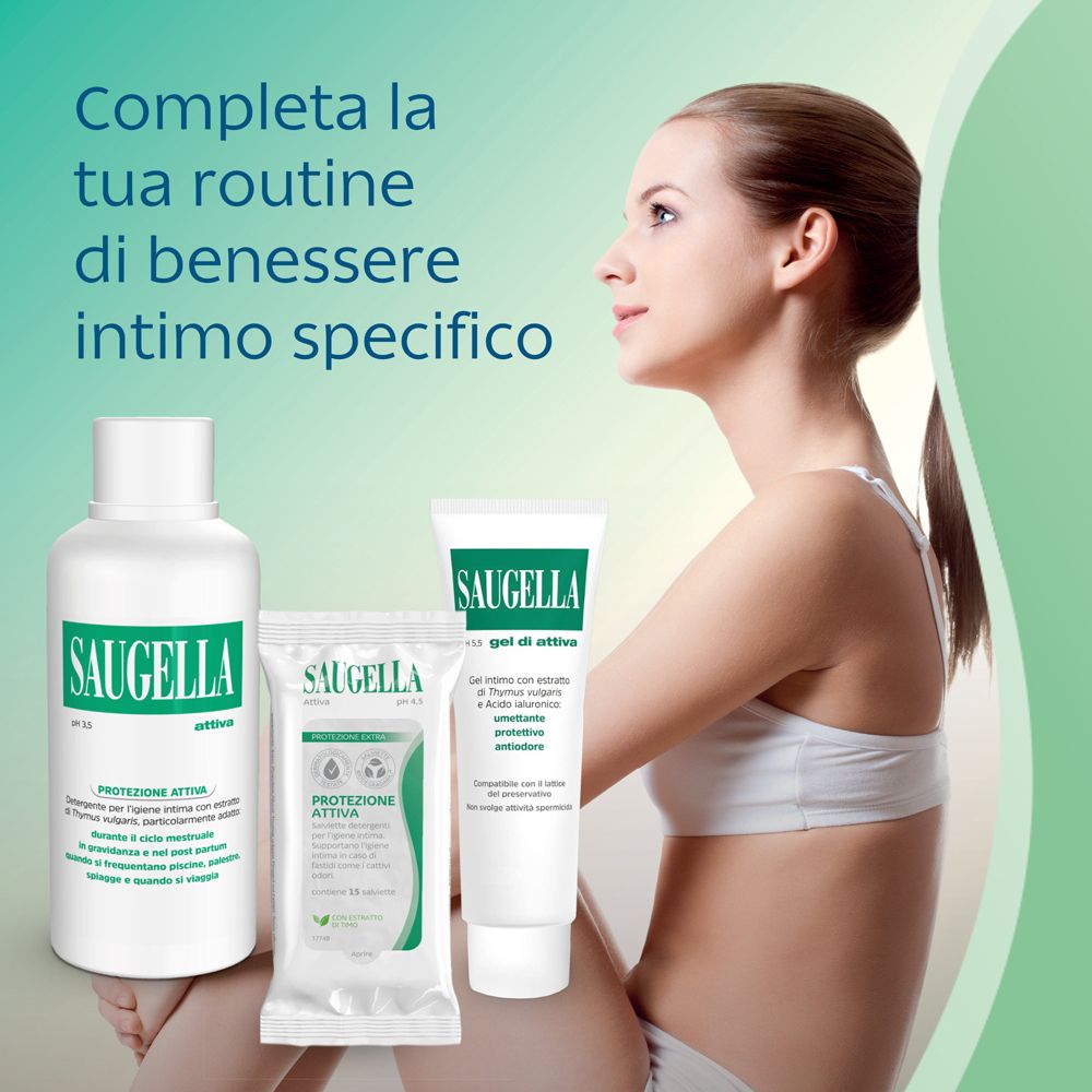 Trois produits Saugella. Flacon, sachet, tube. Texte : Saugella. Pour le bien-être intime.