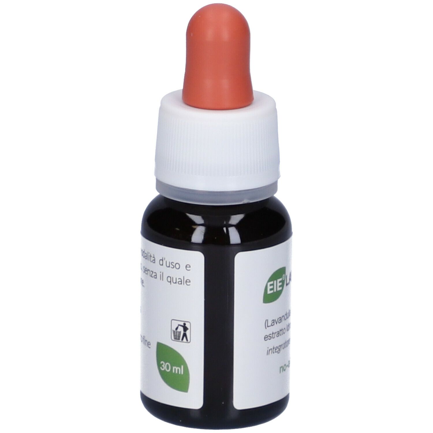 Braune Glasflasche mit Tropfer. Aufschrift: EIE Lavanda, 30 ml. Roter Tropferaufsatz.
