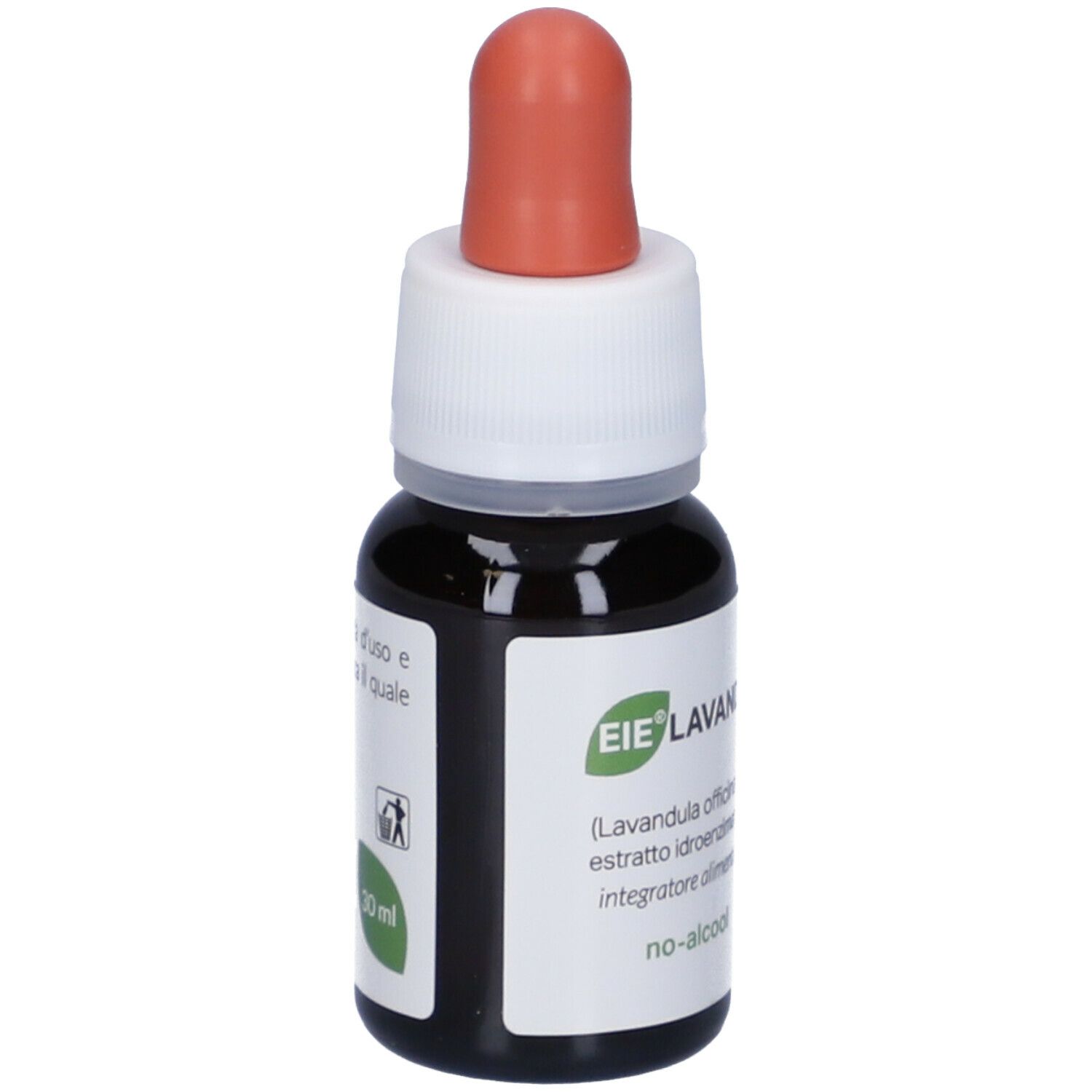 Braune Glasflasche mit Tropfer. Aufschrift: EIE Lavanda, 30 ml. Produktinformationen.
