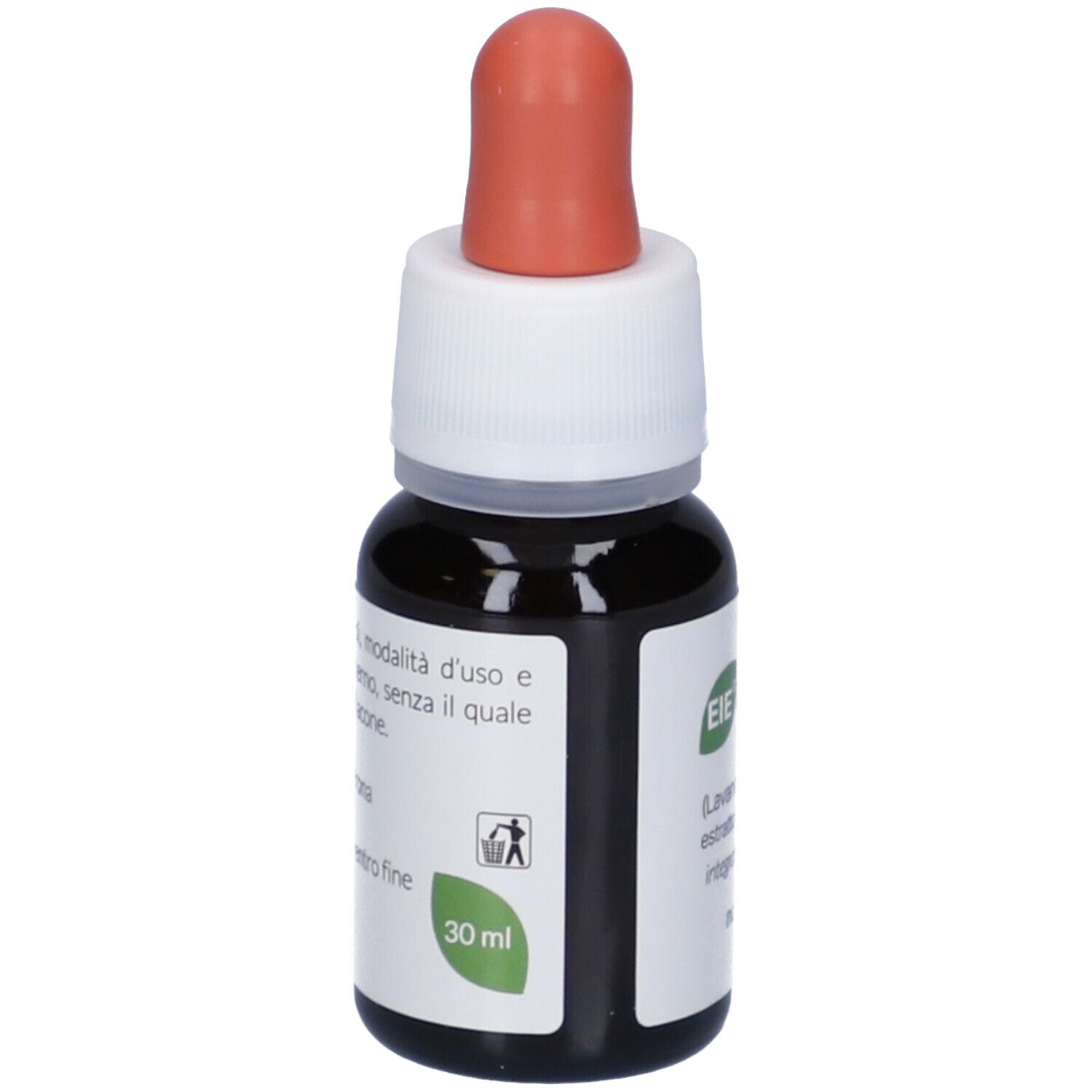 Braune Glasflasche mit Tropfer. Aufschrift: EIE Lavanda, 30 ml. Produktinformationen.