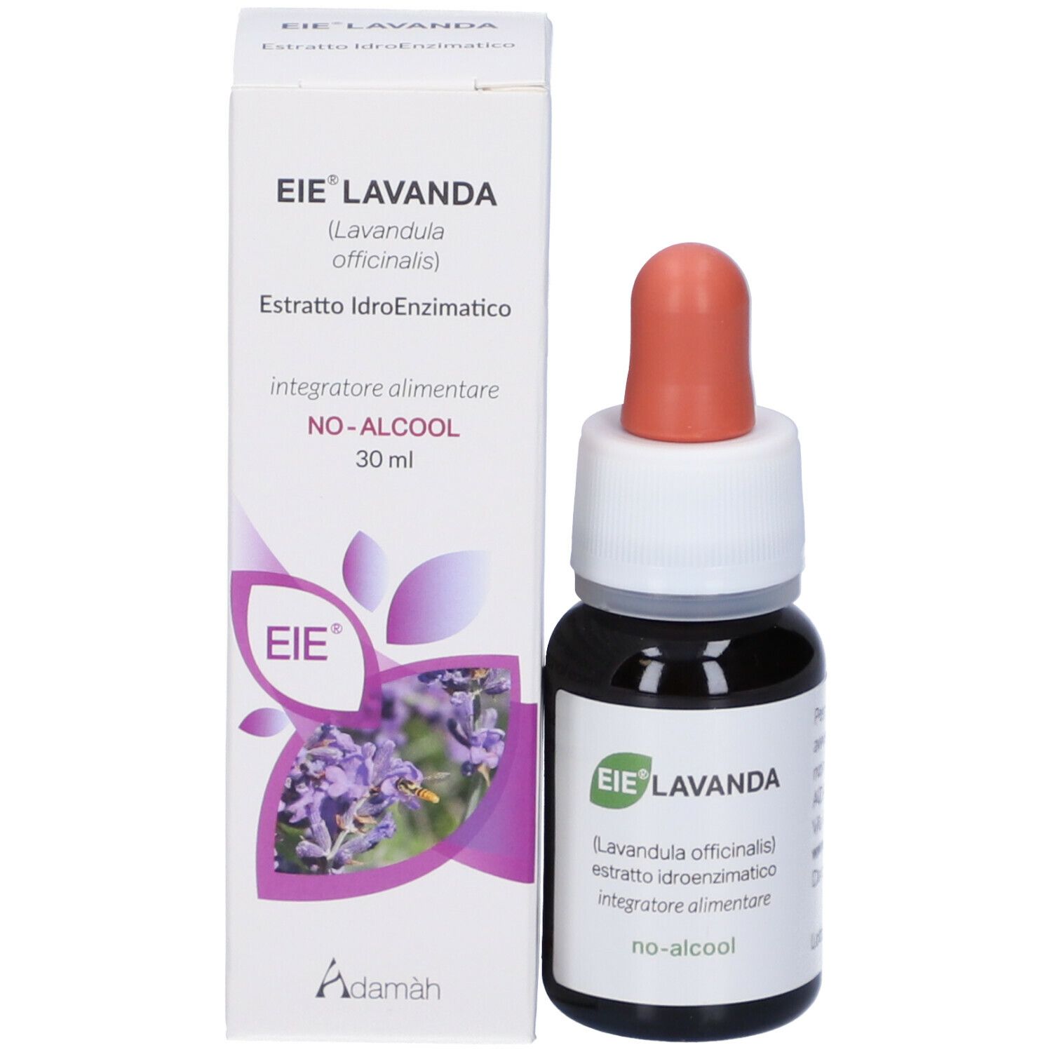 Braune Glasflasche mit Tropfer und Karton. Aufschrift: EIE Lavanda, 30 ml. Marke Adamàh.