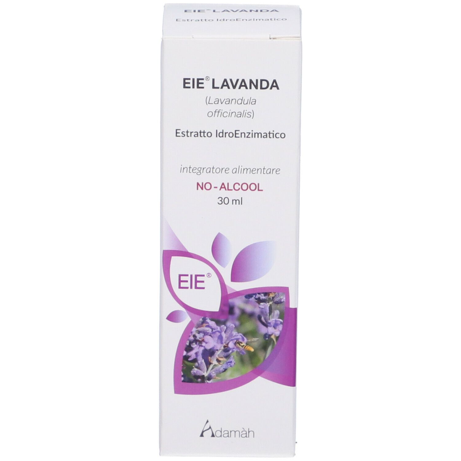 Karton mit Produktaufdruck. Aufschrift: EIE Lavanda, 30 ml, NO-ALCOOL. Marke Adamàh.