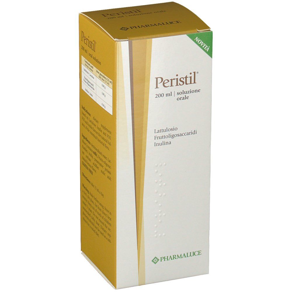 Karton von Peristil Lösung zum Einnehmen. Aufschrift: 200 ml, Lösung orale. Enthält Lattulosio, Fruttoligosaccaridi, Inulina.