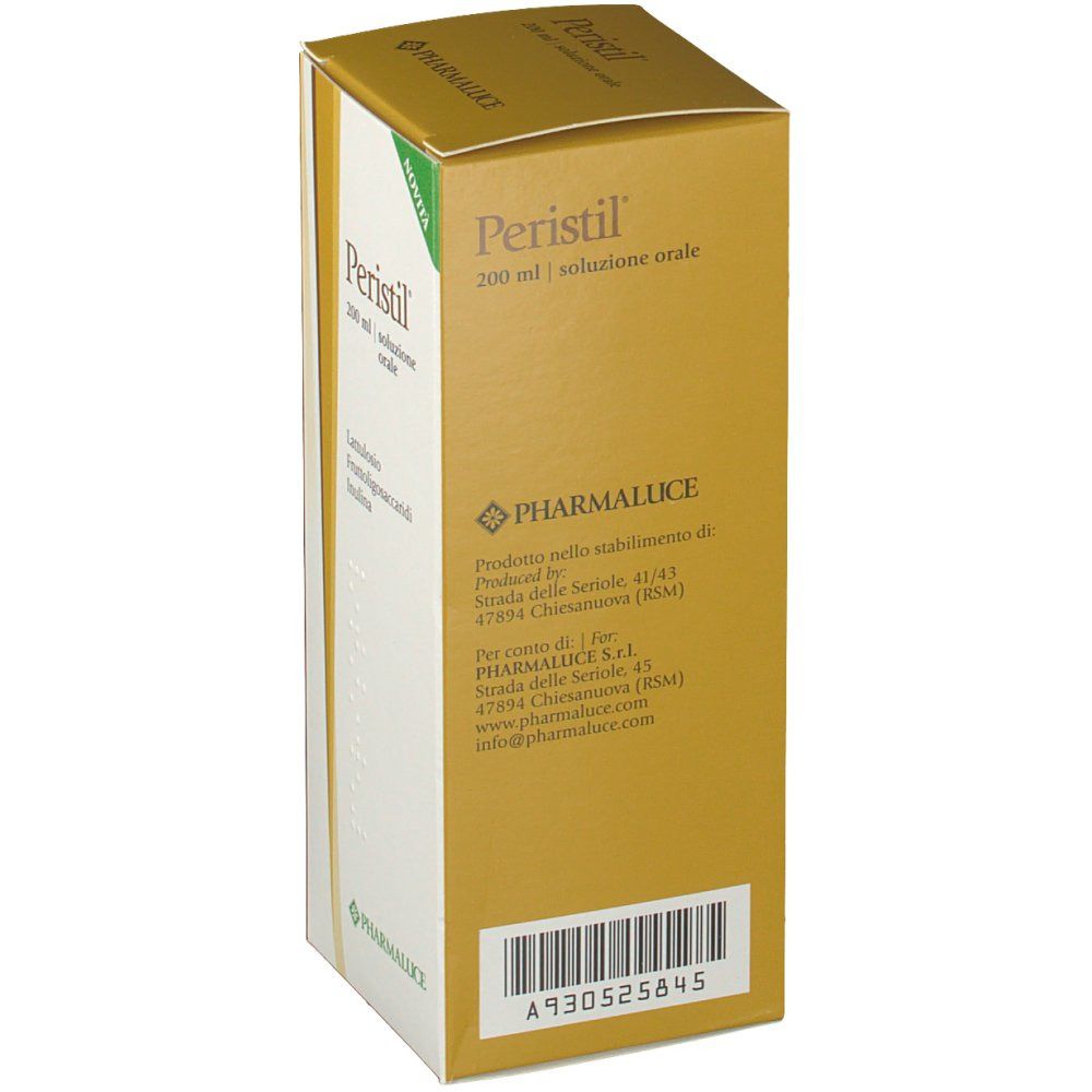 Rückseite der Peristil-Verpackung. Enthält Informationen zu Hersteller, Adresse und Barcode.