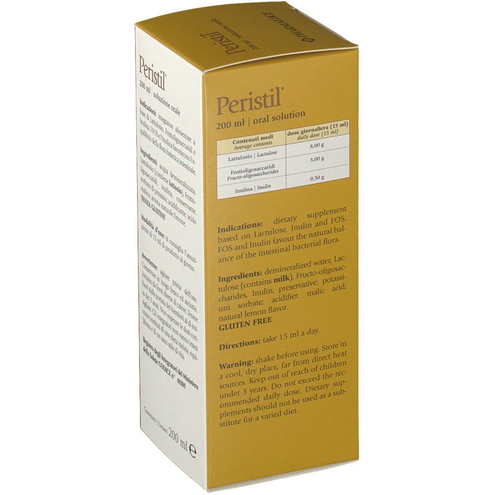 Peristil-Verpackung mit Inhaltsangaben und Gebrauchsanweisung in englischer Sprache.