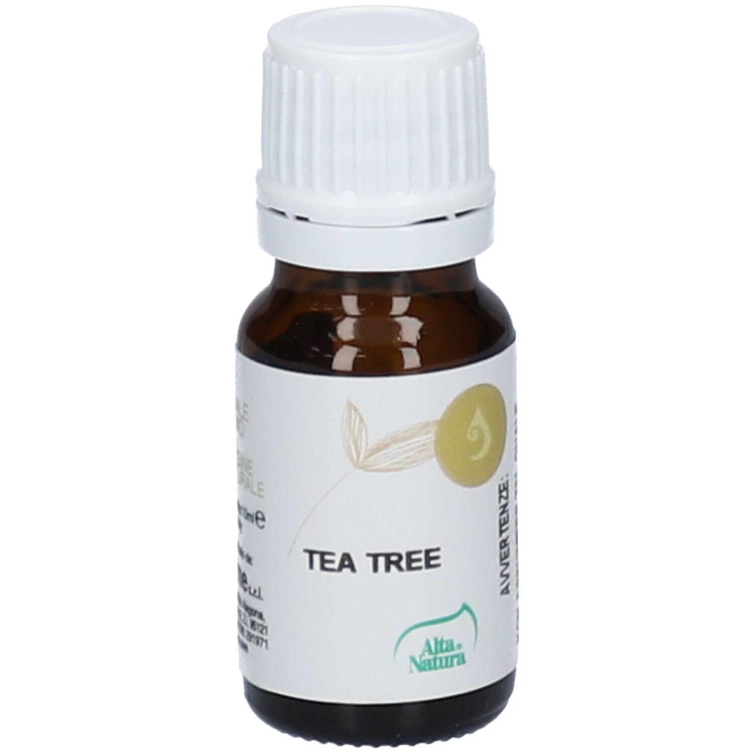 Flacon en verre brun avec bouchon blanc et étiquette. 'TEA TREE' et logo sur l'étiquette.