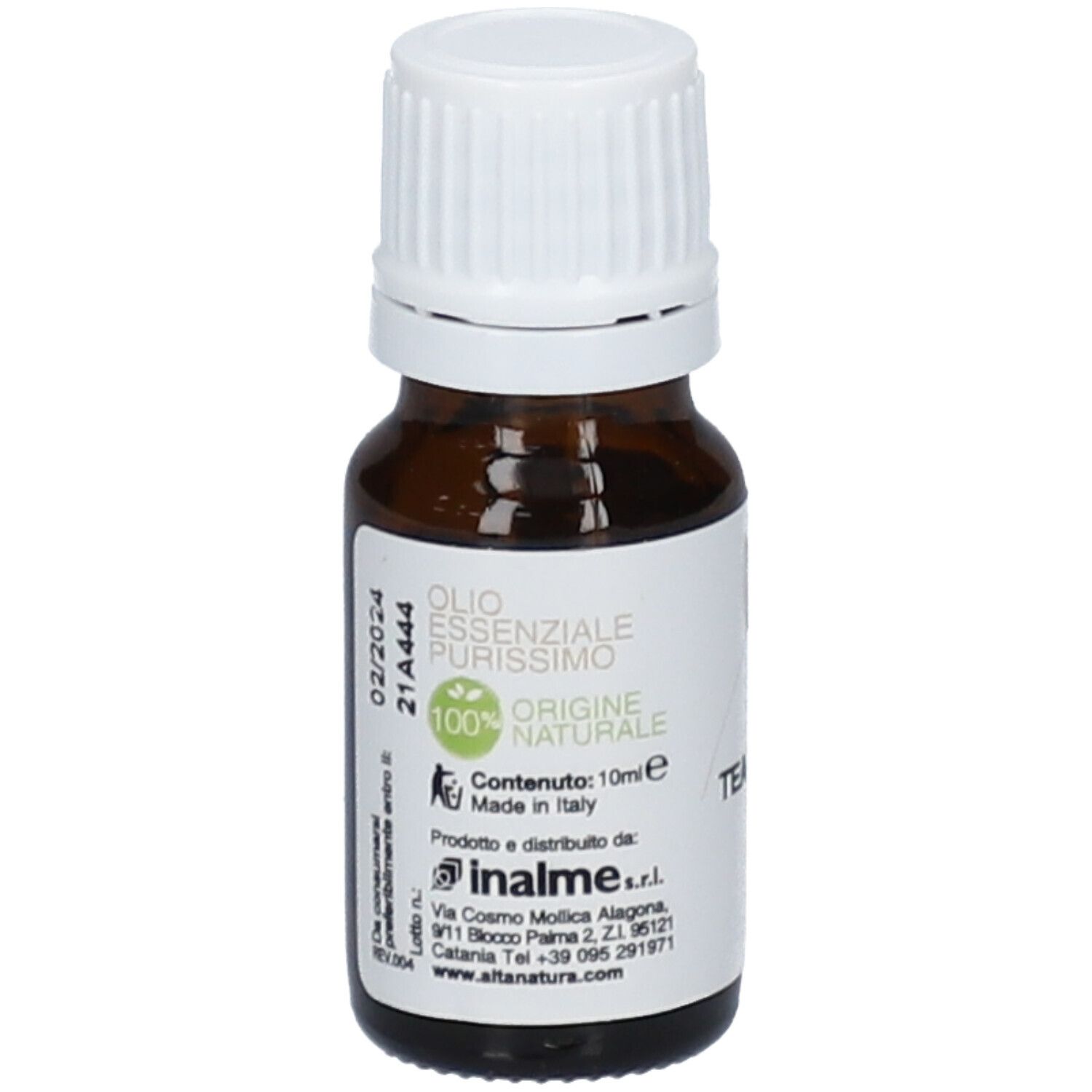 Flacon en verre brun avec bouchon blanc et étiquette. Informations et logo sur l'étiquette.