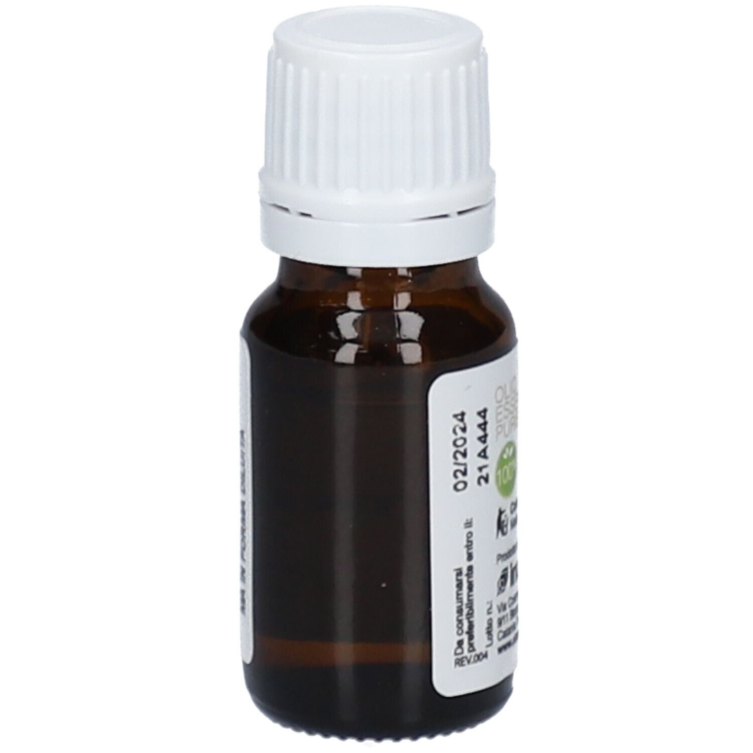 Flacon en verre brun avec bouchon blanc et étiquette. Informations et logo sur l'étiquette.