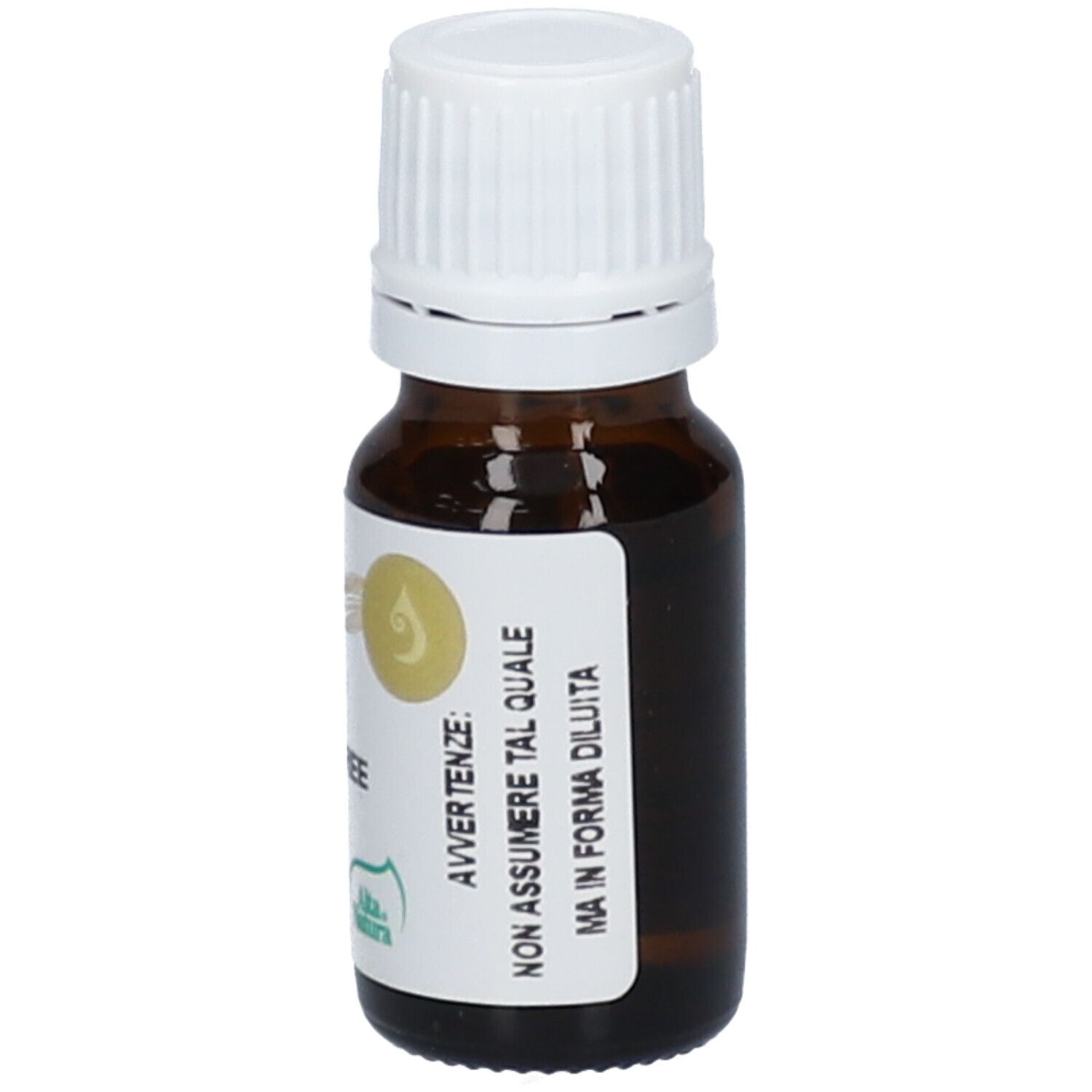 Flacon en verre brun avec bouchon blanc et étiquette. 'TEA TREE' et logo sur l'étiquette.