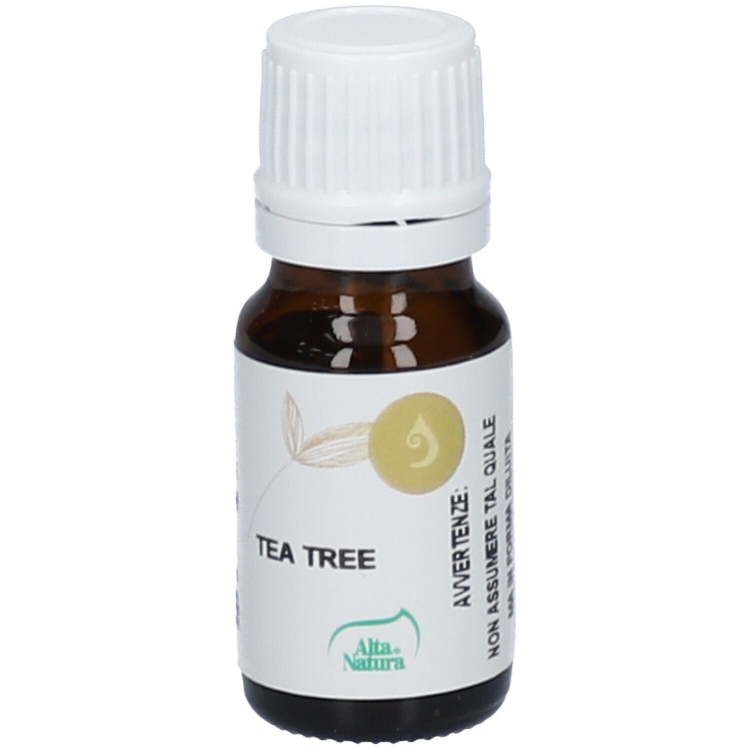 Flacon en verre brun avec bouchon blanc et étiquette. 'TEA TREE' et logo sur l'étiquette.