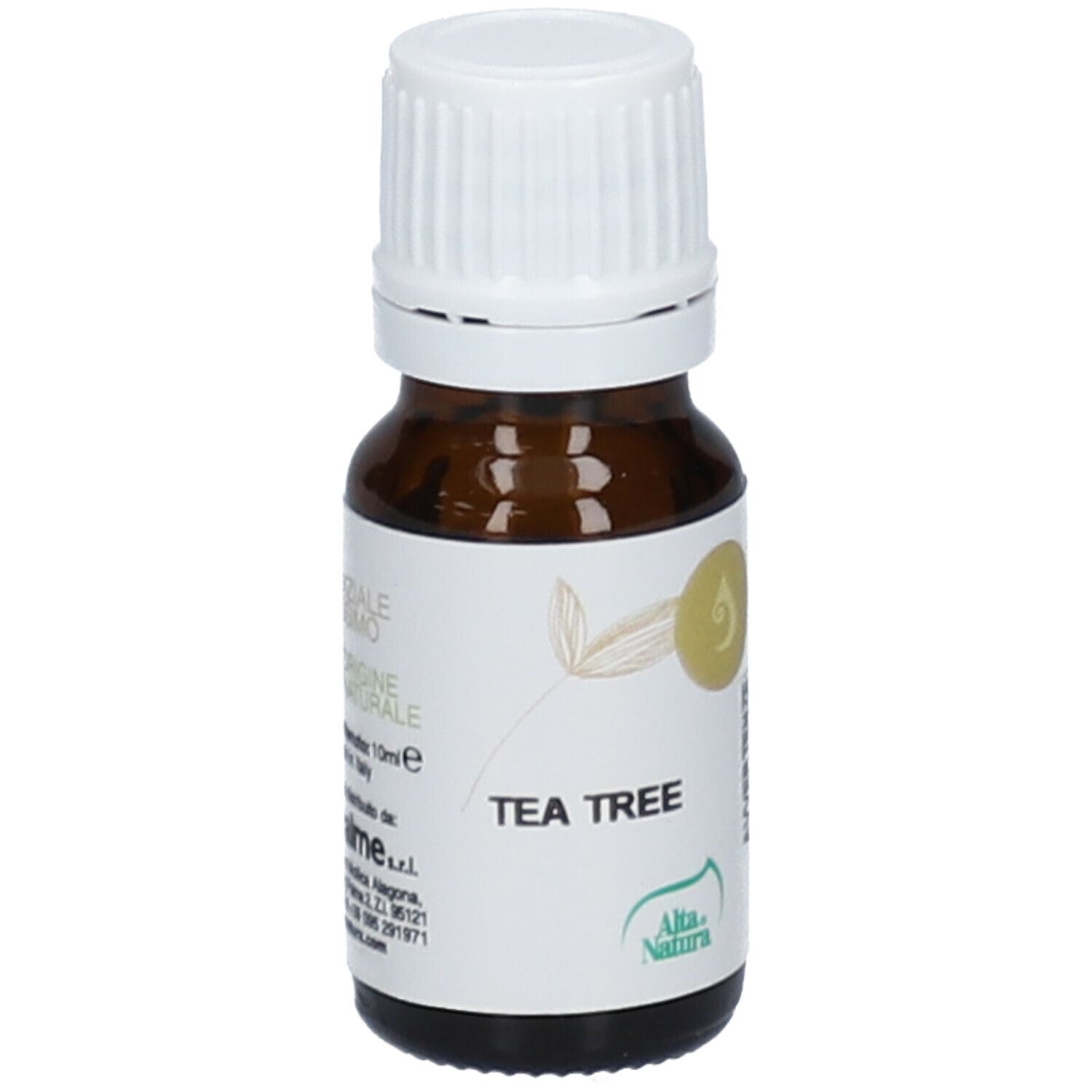 Flacon en verre brun avec bouchon blanc et étiquette. 'TEA TREE' et logo sur l'étiquette.