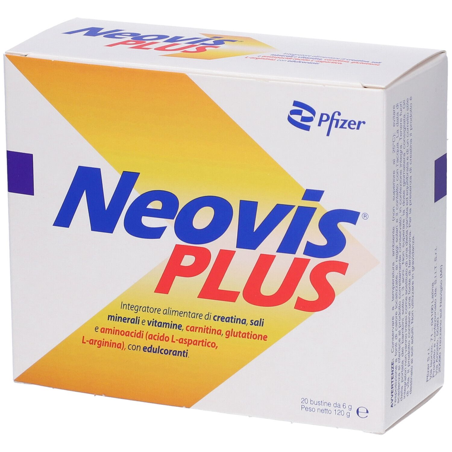 Schachtel mit Neovis PLUS. Aufschrift: Neovis PLUS, Pfizer-Logo, 20 Beutel, 120 g. Enthält Kreatin, Mineralien, Vitamine.