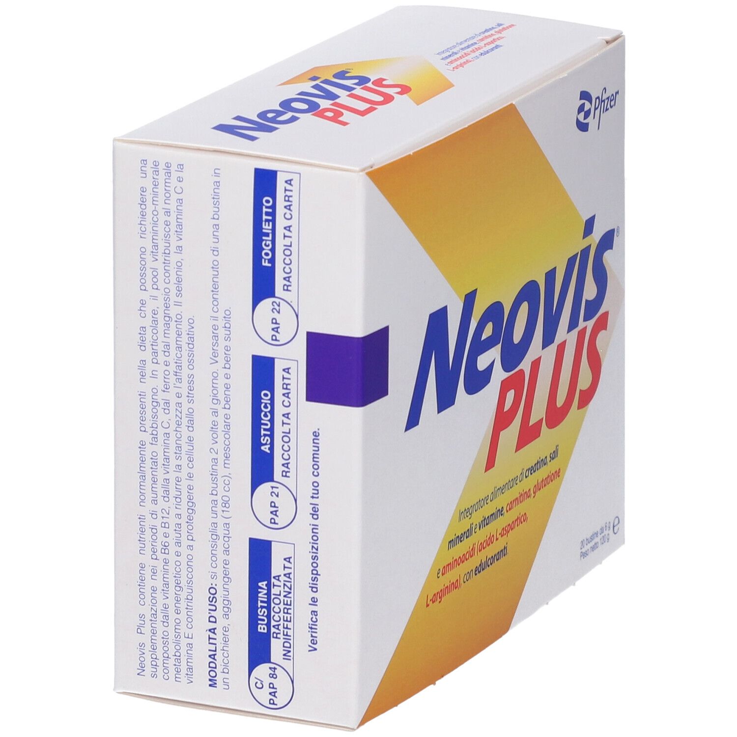 Schachtel Neovis PLUS, Seitenansicht. Aufschrift: Neovis PLUS, Pfizer-Logo. Enthält Kreatin, Mineralien, Vitamine. Mit Text.