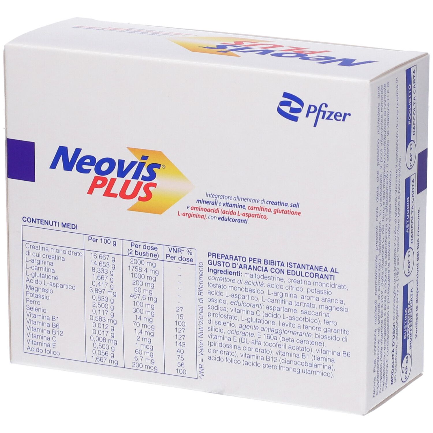 Schachtel Neovis PLUS, Rückseite. Aufschrift: Neovis PLUS, Pfizer-Logo. Enthält Kreatin, Mineralien, Vitamine. Mit Nährwertangaben.