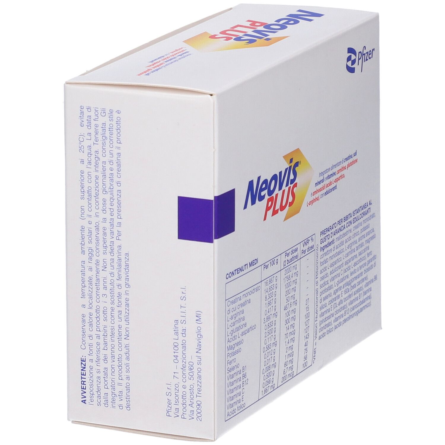 Schachtel Neovis PLUS, Seitenansicht. Aufschrift: Neovis PLUS, Pfizer-Logo. Enthält Kreatin, Mineralien, Vitamine. Mit Text.