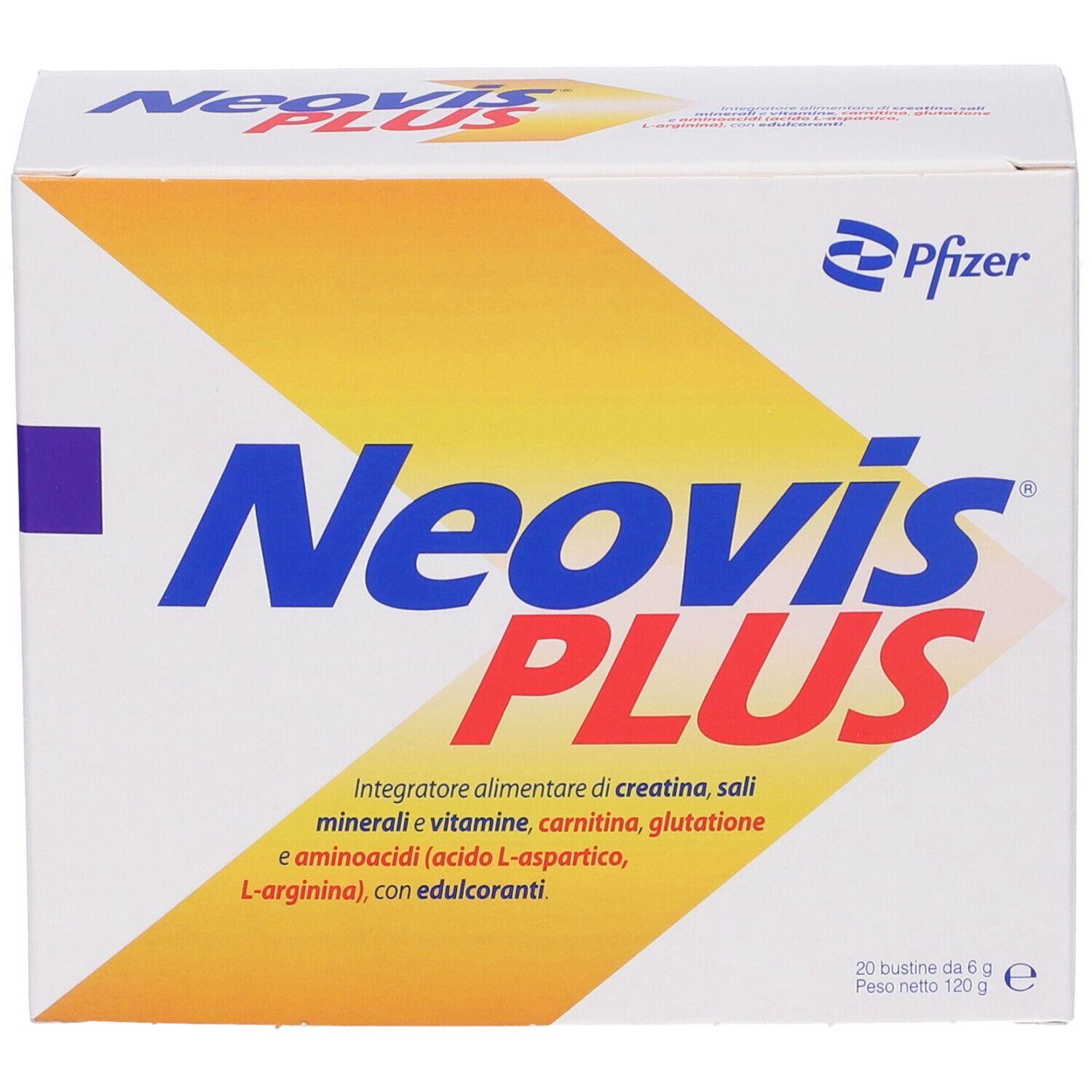 Schachtel mit Neovis PLUS. Aufschrift: Neovis PLUS, Pfizer-Logo, 20 Beutel, 120 g. Enthält Kreatin, Mineralien, Vitamine.