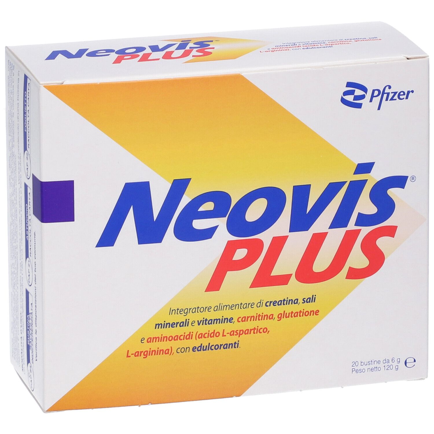 Schachtel mit Neovis PLUS. Aufschrift: Neovis PLUS, Pfizer-Logo, 20 Beutel, 120 g. Enthält Kreatin, Mineralien, Vitamine.