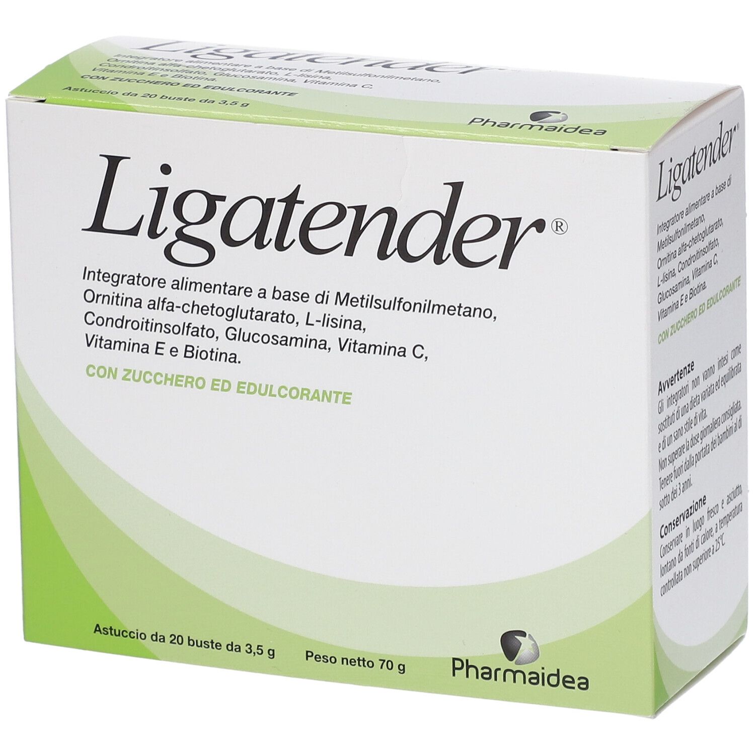 Karton mit Produktnamen Ligatender®. Enthält Informationen zu Inhaltsstoffen und Gewicht. Marke: Pharmaidea.