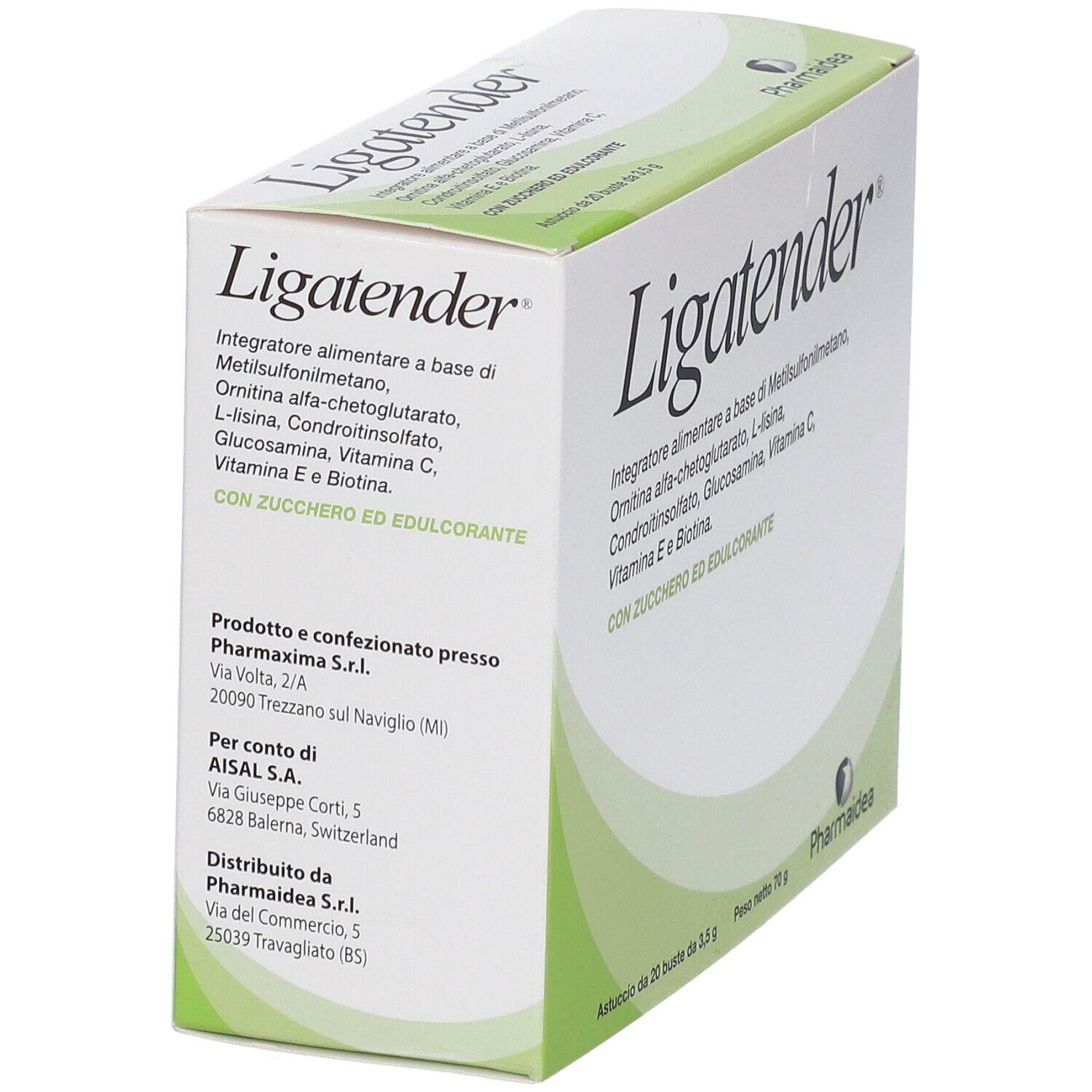 Karton Ligatender® mit Inhaltsstoffen und Herstellerinformationen. Marke Pharmaidea.