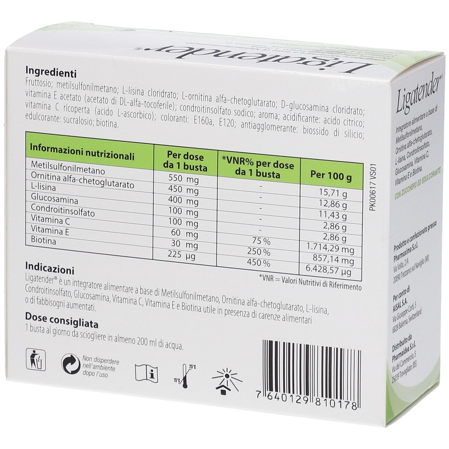 Karton Ligatender® mit Nährwertangaben und Inhaltsstoffen. Marke Pharmaidea.