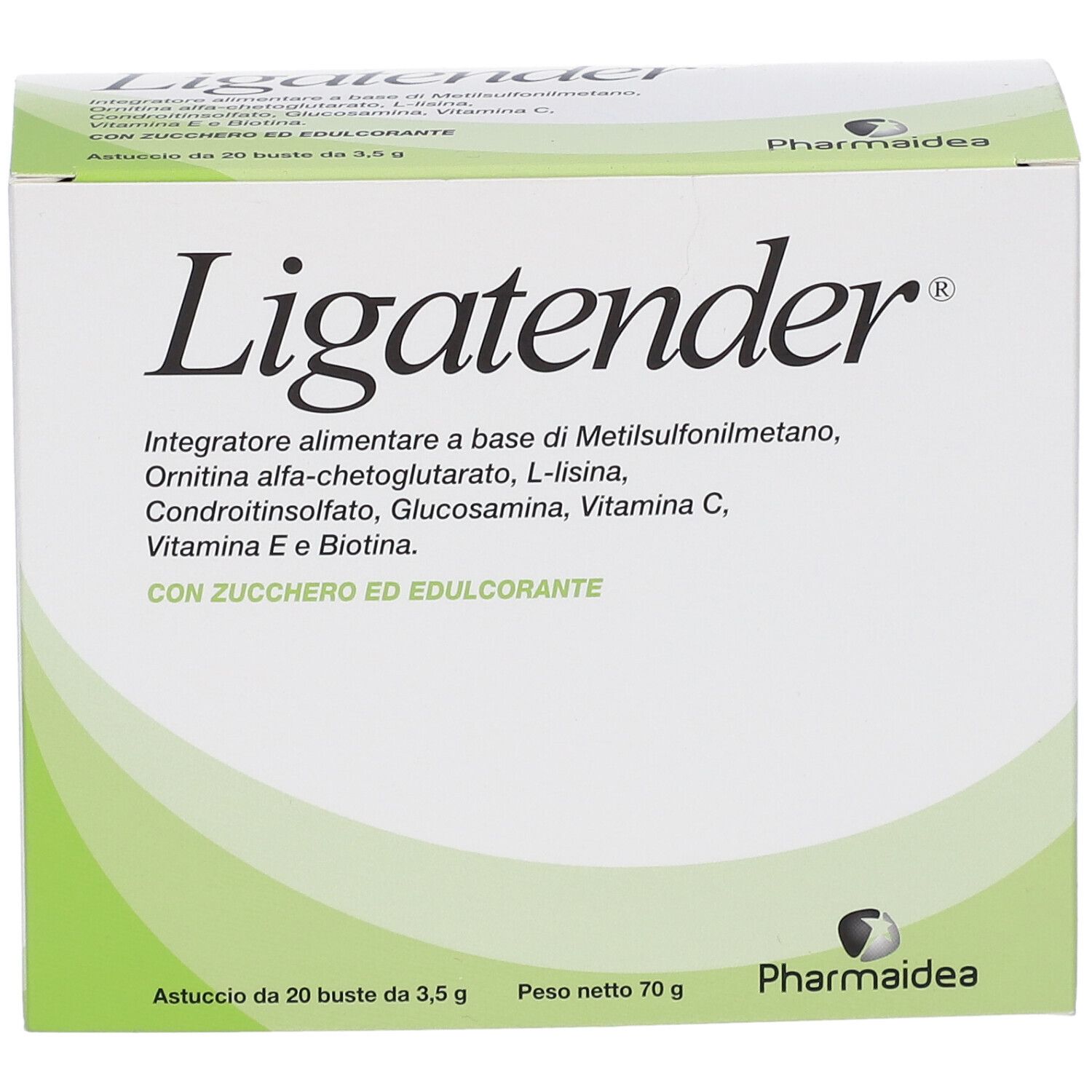 Karton Ligatender® mit Produktnamen und Inhaltsstoffen. Marke Pharmaidea.