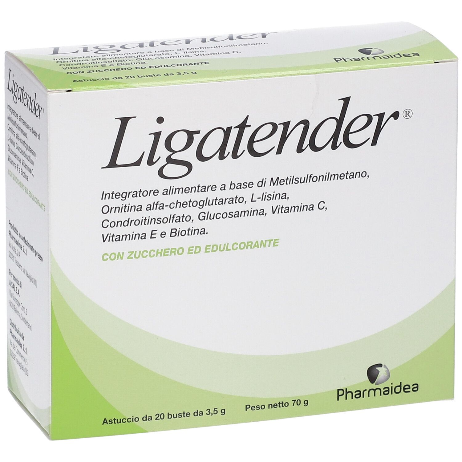 Karton Ligatender® mit Produktnamen und Inhaltsstoffen. Marke Pharmaidea.