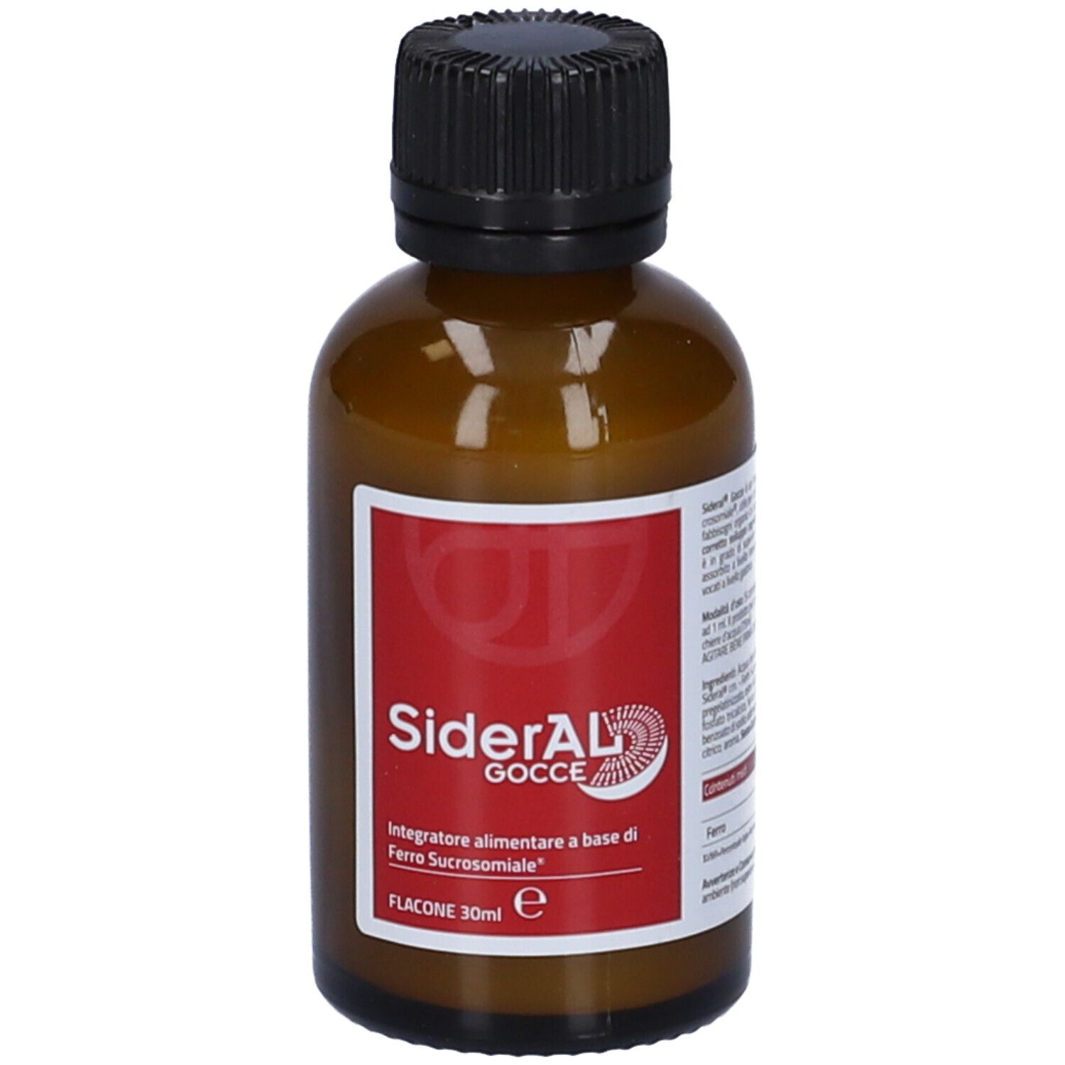 Braune Glasflasche mit schwarzem Schraubverschluss. Rotes Etikett mit weißer Schrift: SiderAL Gocce, Flacone 30ml.