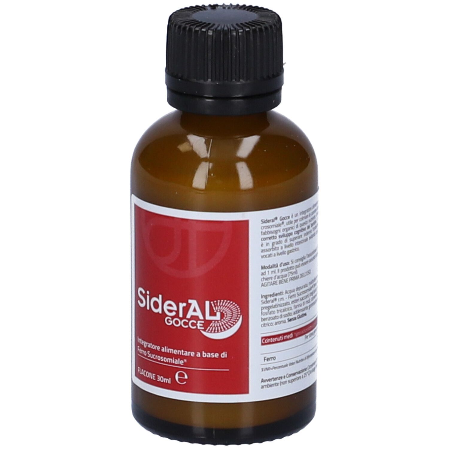 Braune Glasflasche mit schwarzem Schraubverschluss. Rotes Etikett mit weißer Schrift: SiderAL Gocce, Flacone 30ml.